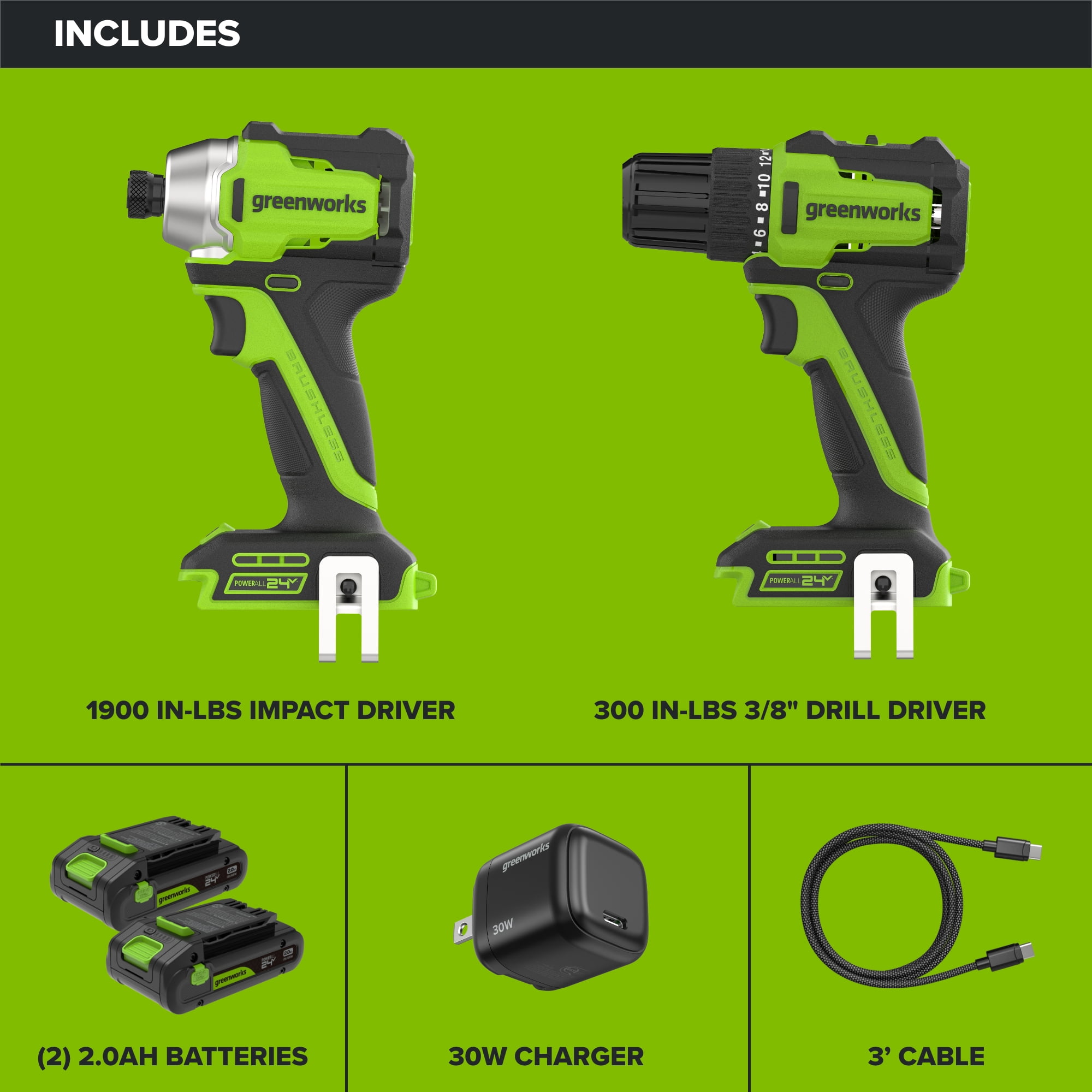 Greenworks 24V 2-Piece Power Tool Combo Kit with Drill and Impact Driver (12-Piece Accessory Set) 561dv