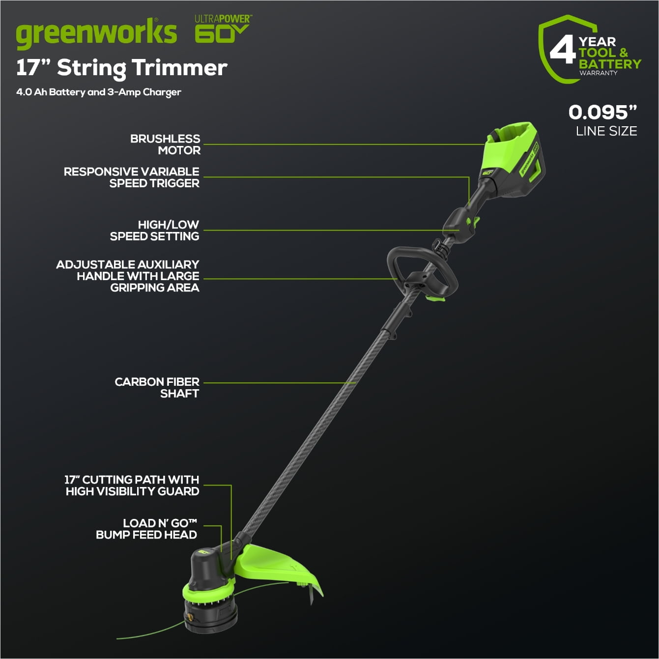 Greenworks 60V Straight Shaft String Trimmer (Green, 17 in) muq5r