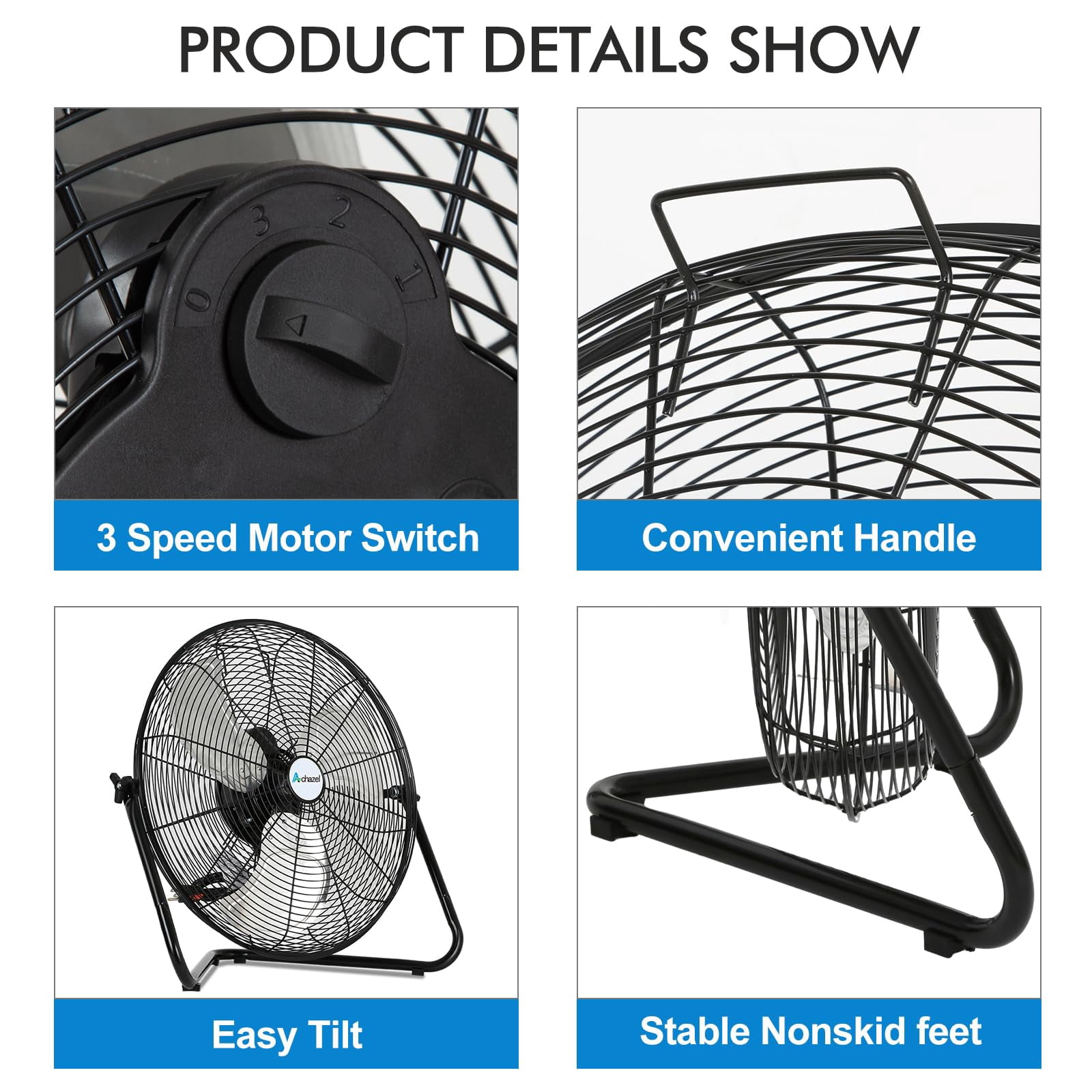 Achazel 20 in High Velocity Industrial Floor Fan (Black, 20 in) 6xn14