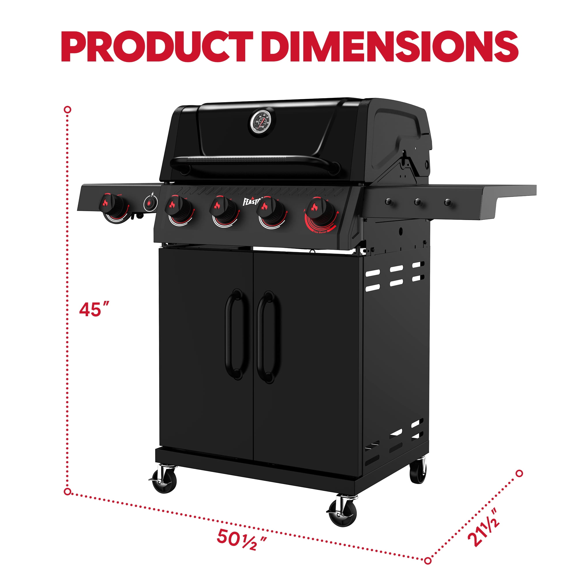 Feasto 4-Burner Propane Gas Grill with Side Sear Burner, Outdoor Cooking Station with Cabinet Storage (Black, 563 Sq.In.) kqswc