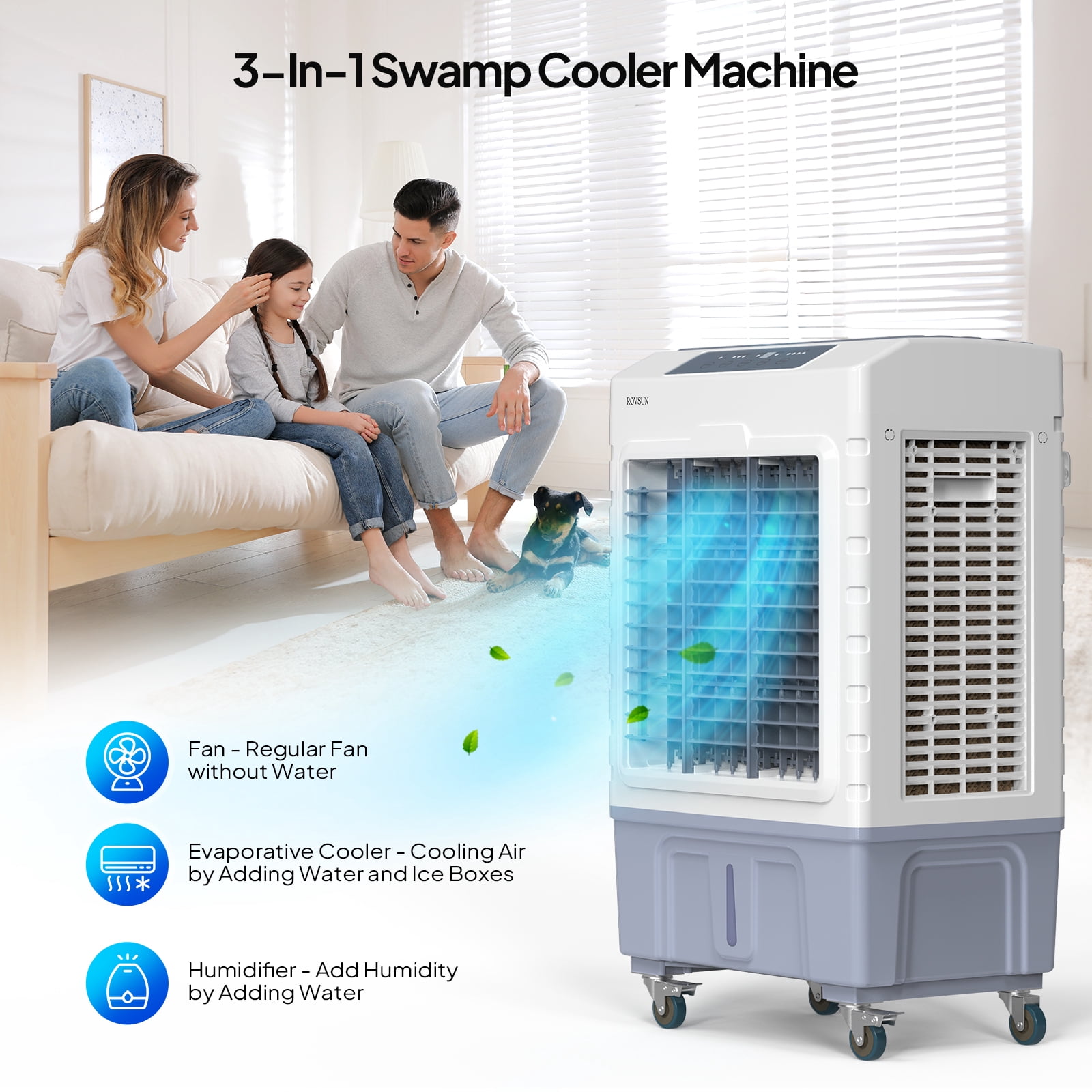 VINGLI Portable Evaporative Air Cooler, 3-in-1 Cooling Fan with 40L Water Tank (White, 1 Unit) swmes