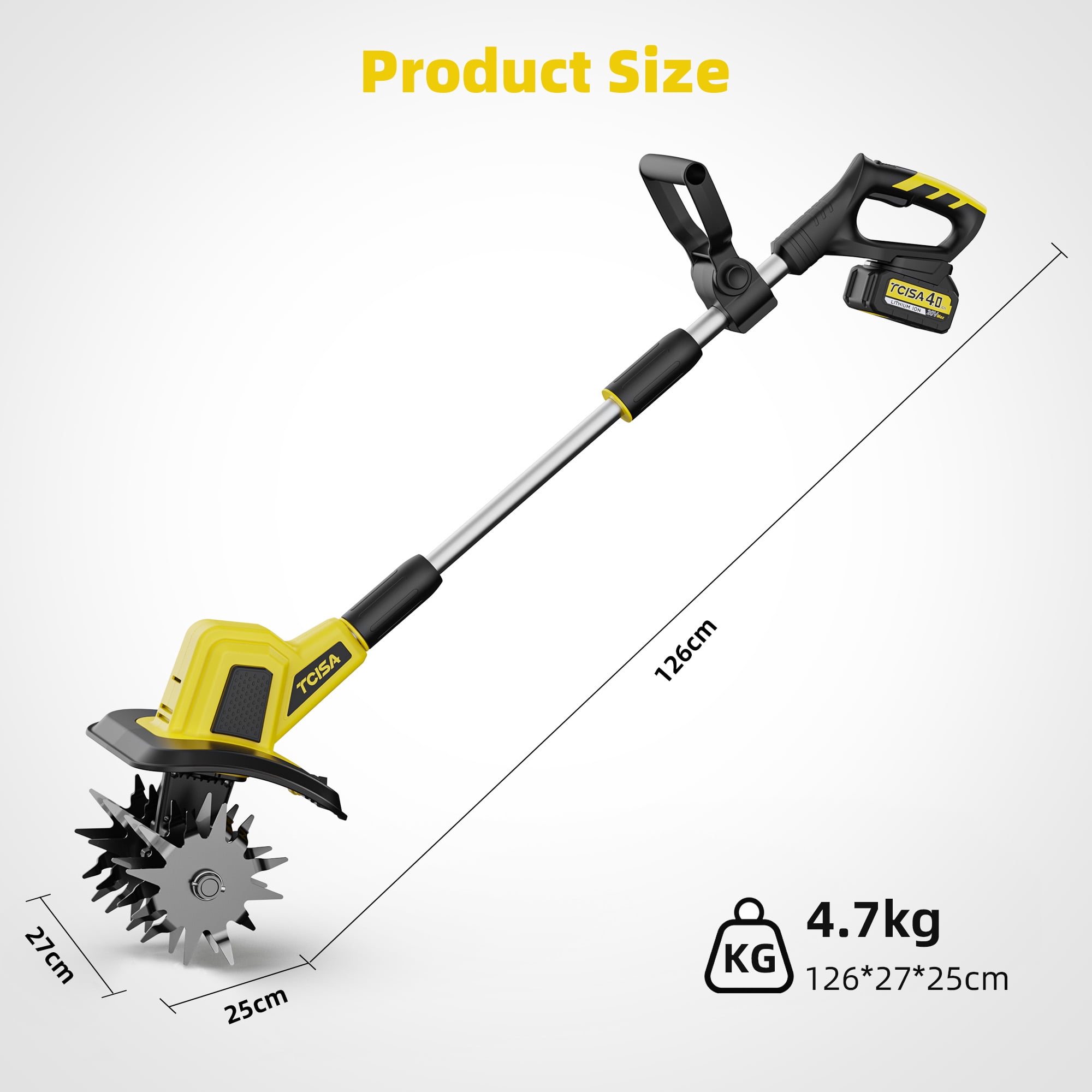 Tcisa 20V Cordless Electric Tiller, Garden Cultivator for Soil Tilling and Weeding (Yellow, 9 in Width) undlk