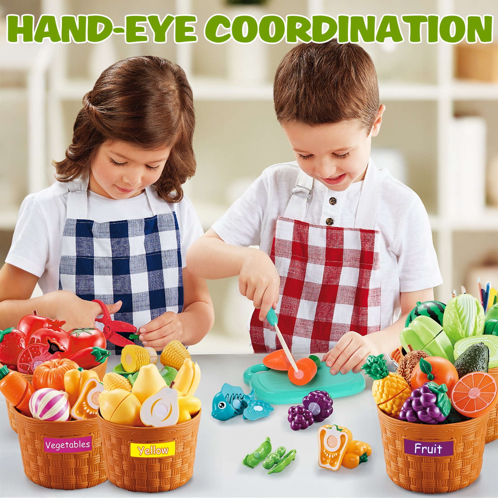 IYHN Pretend Play Food Set for Toddlers, Educational Kitchen Cutting Toys with Sorting Baskets (Multicolor, 86 Piece Set) z38oo