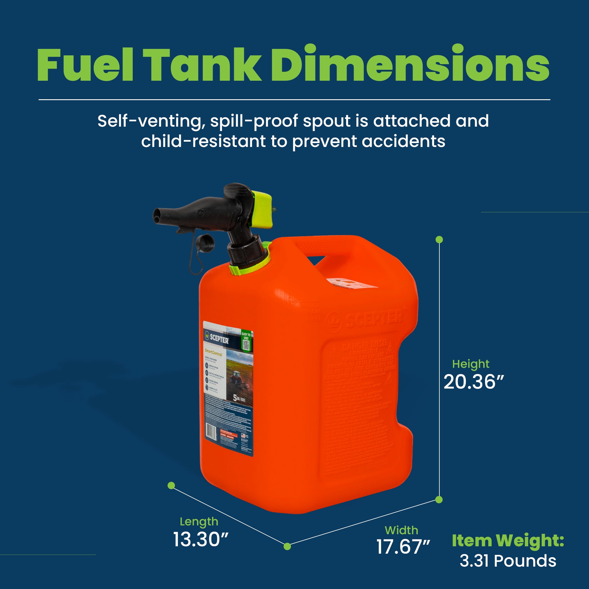 Scepter SmartControl Gasoline Fuel Jug with Funnel (Red, 5 Gallon) in3ii