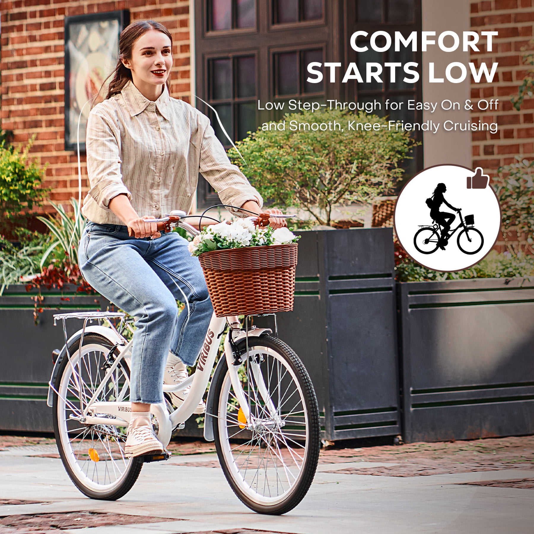 Viribus Women's Comfort Bike 24 in Beach & City Cruiser Bicycle with Basket and Rack (White, 24 in) dx5oj