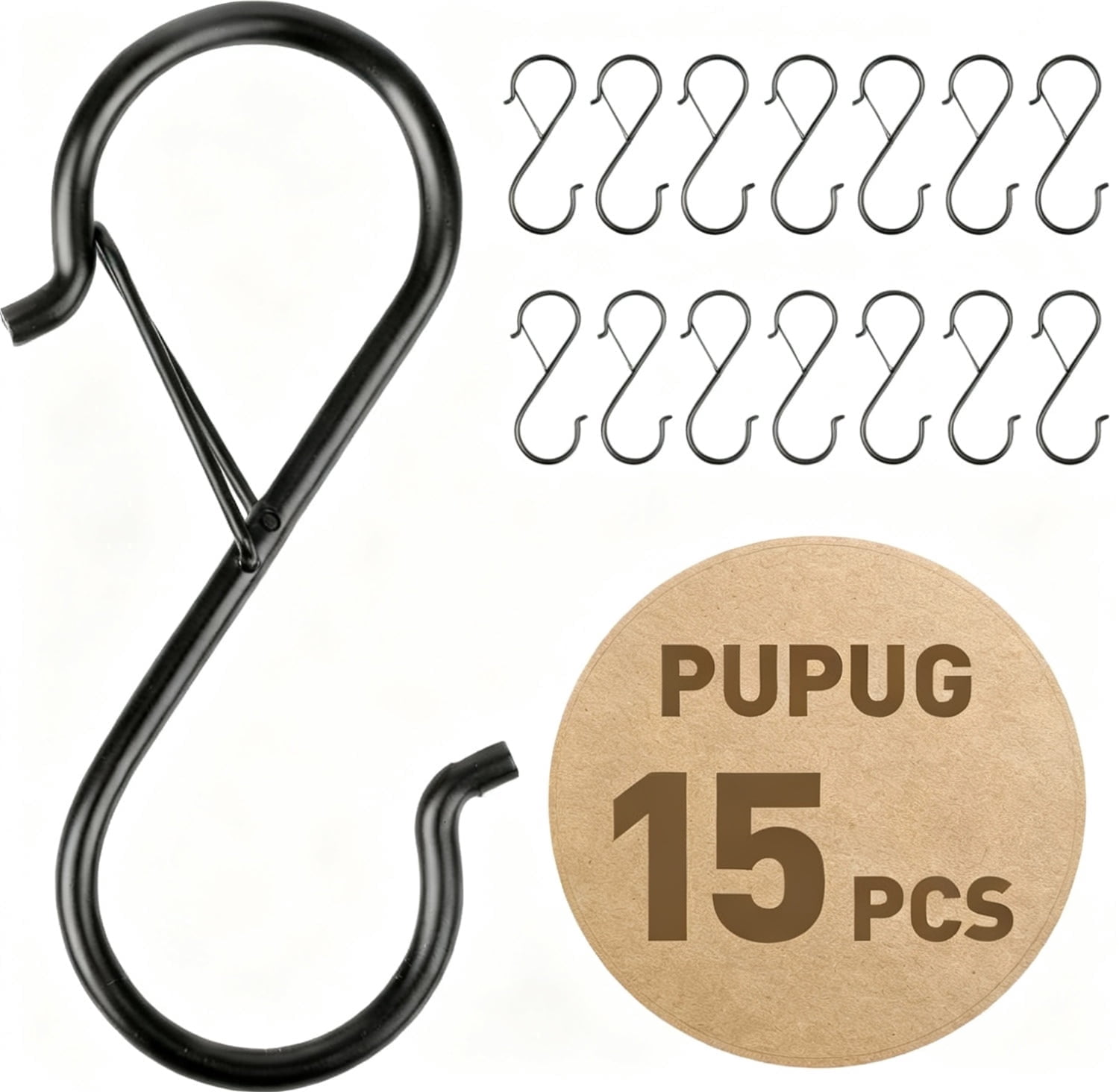 Pupug Heavy-Duty Metal S-Hooks with Safety Clasp for Kitchen and Closet Organization (Black, 15-Pack, 3.49 in) lncpu