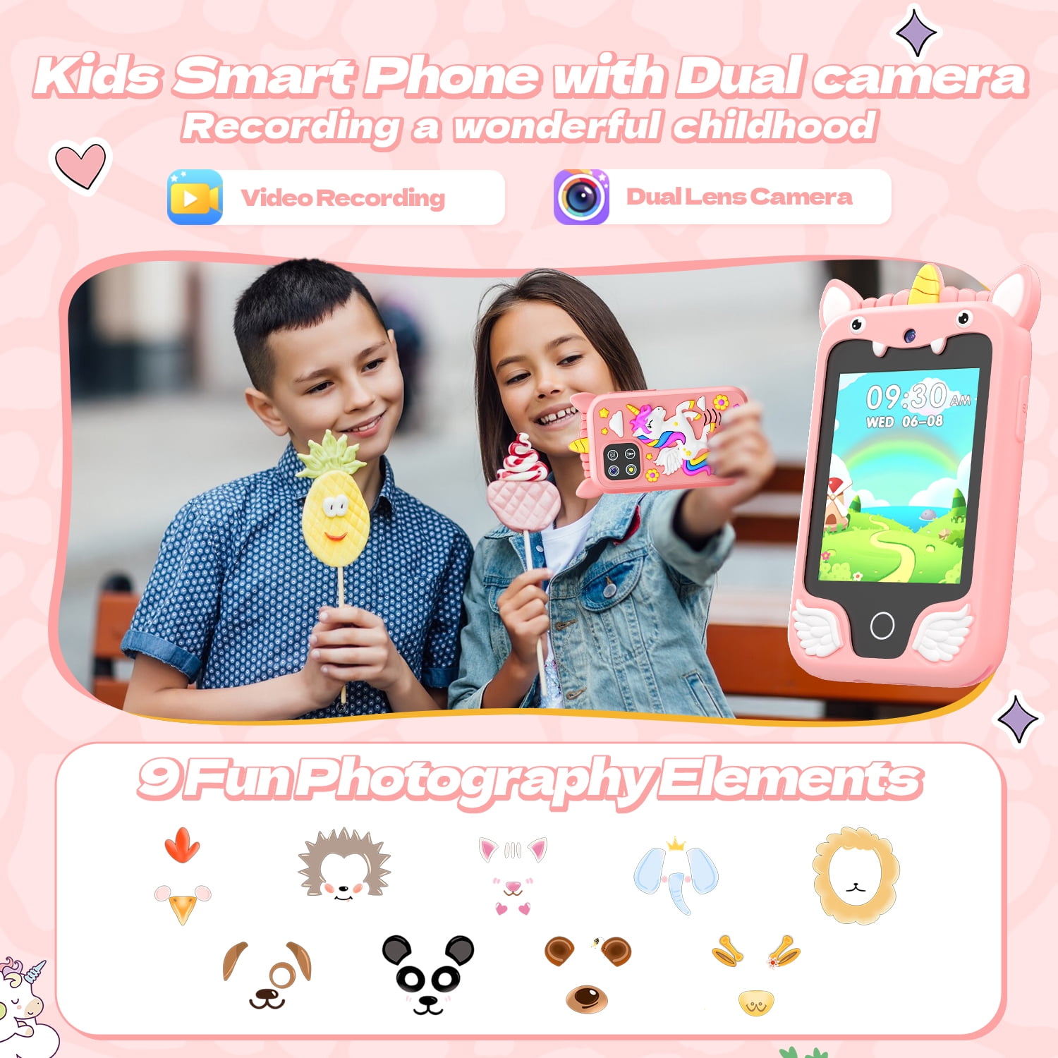 JoyStone Kids Smart Phone, 2.8 in Touchscreen Learning Toy with Dual Camera and Music Player (Pink, 8GB) 12ef4