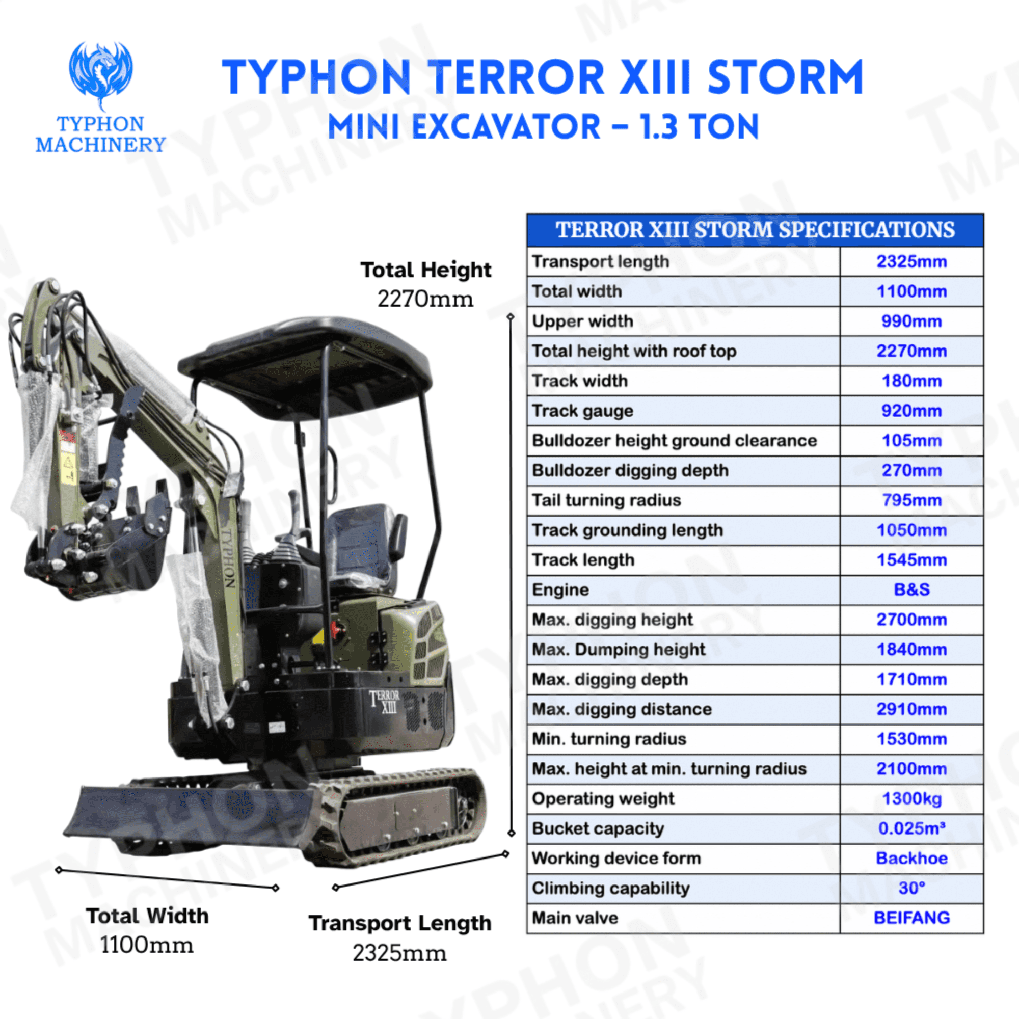 TYPHON TERROR XIII Mini Excavator (1.3 Ton, Green, 13.5hp Engine) 661v1