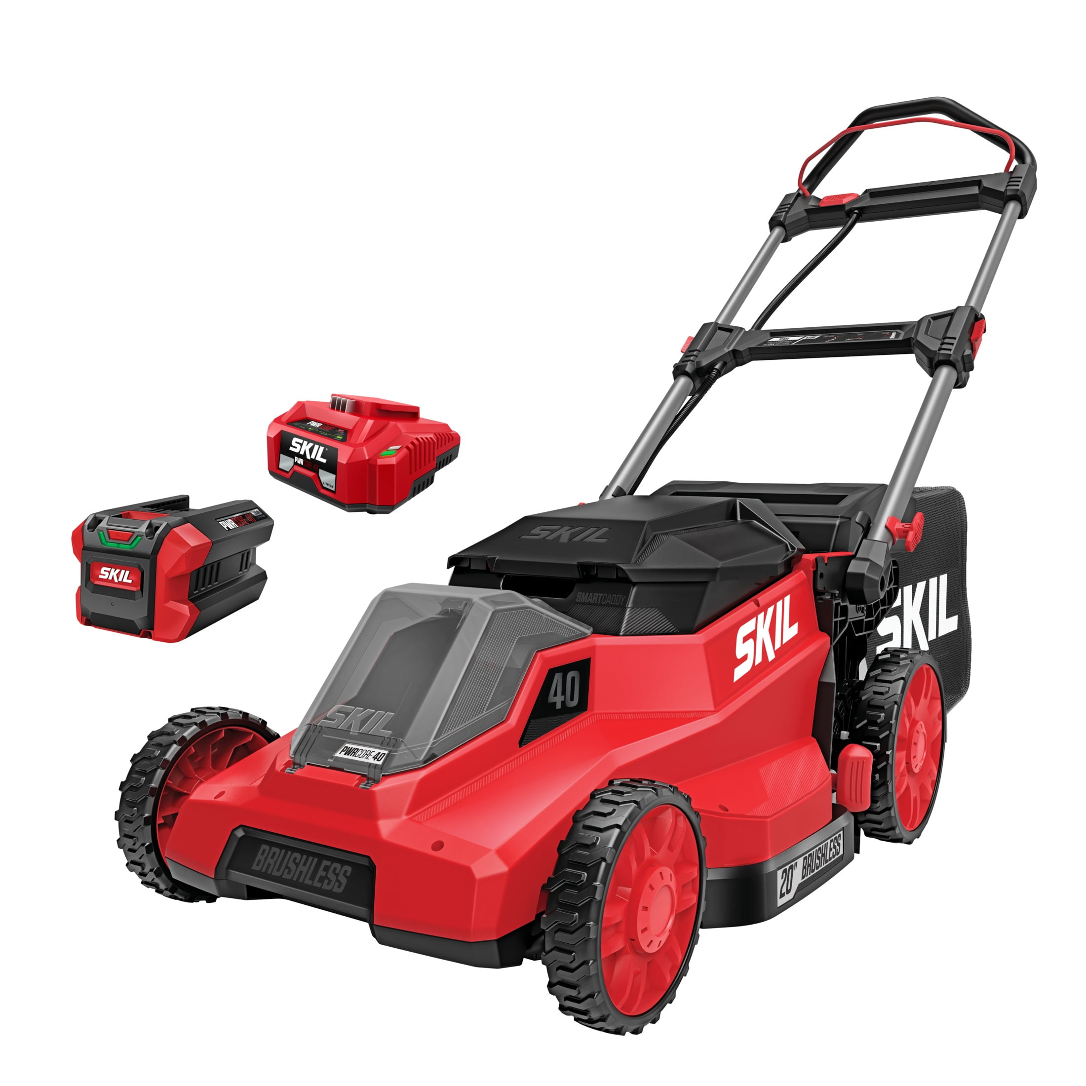 SKIL PWR CORE 40V Brushless 20-Inch Push Mower Kit with Smart Caddy, 7.5Ah Battery and 150W Charger (Red, 20-Inch) eoubn