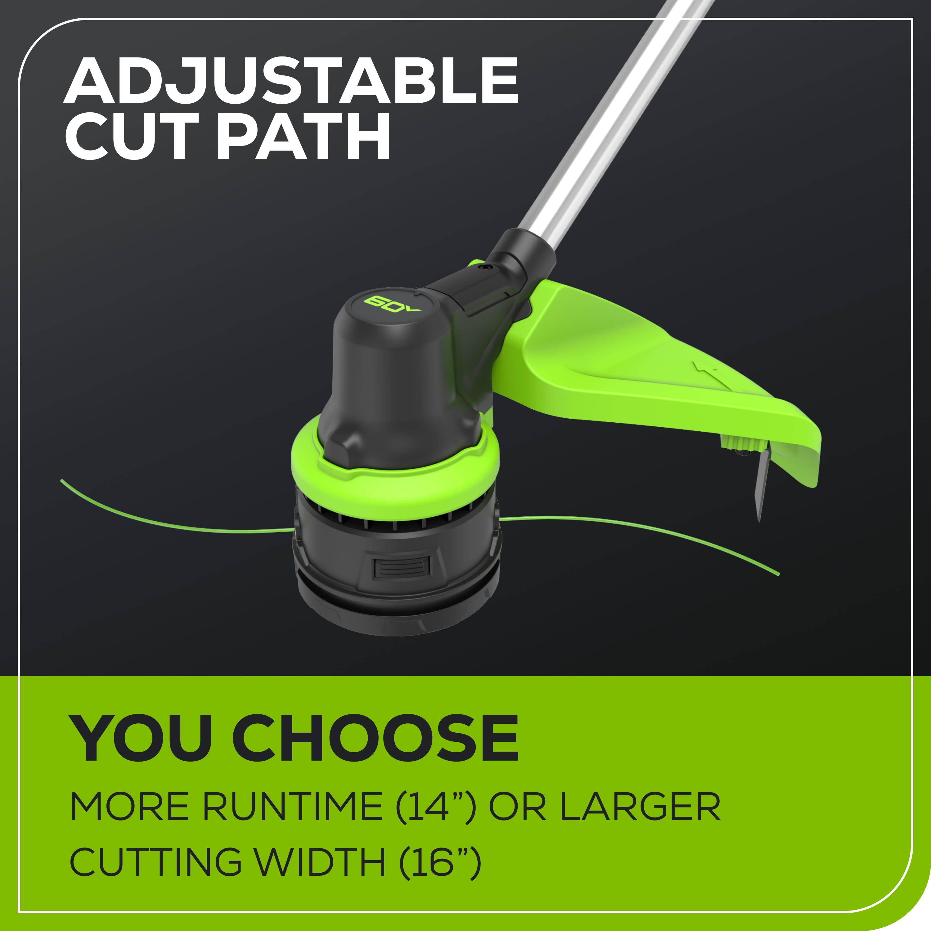 Greenworks 60V 16 in. Front Mount String Trimmer with 2.5Ah Battery and 3A Charger (Green, 16 in.) d05mu