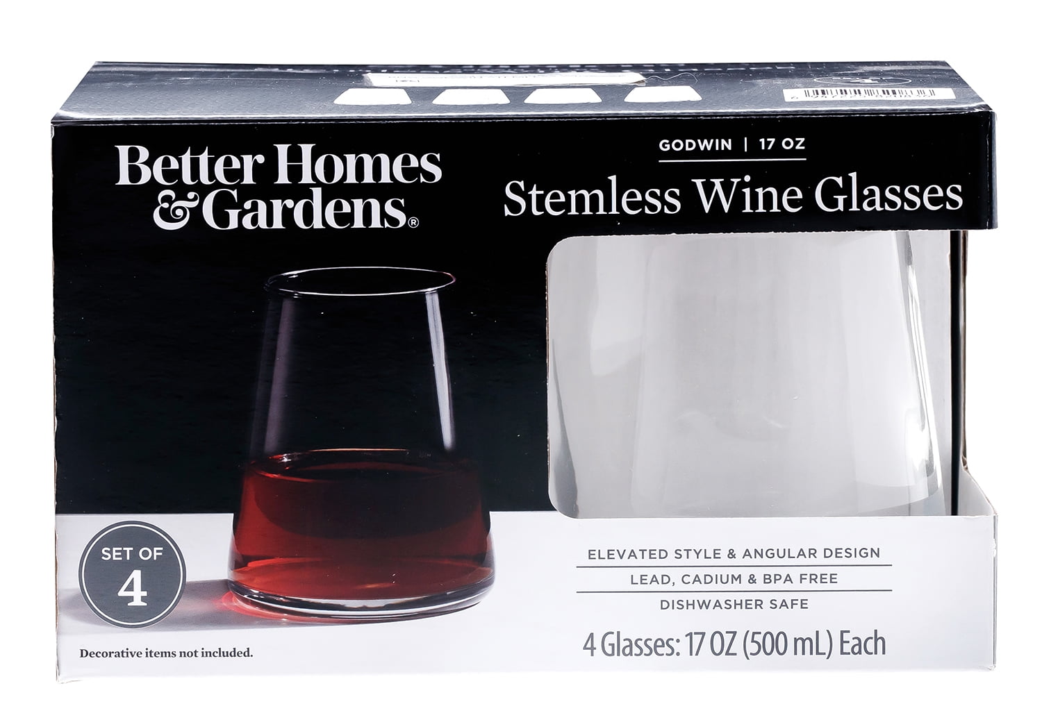 Better Homes & Gardens Flared Stemless Wine Glass Set, Contemporary Drinkware (Clear, 17 oz, Set of 4) 3477y