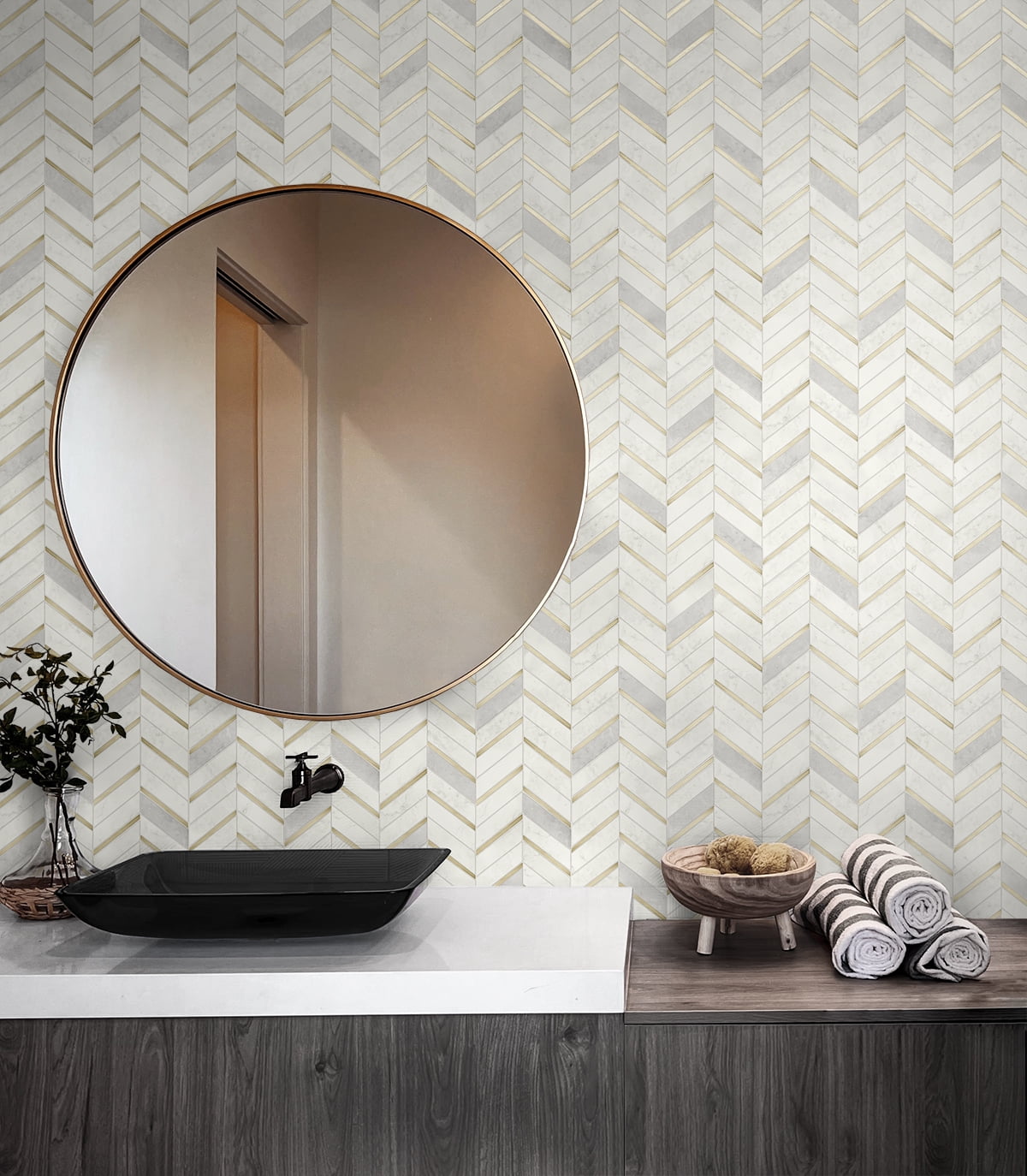 NextWall Metallic Gold & Pearl Gray Chevron Marble Tile Peel and Stick Wallpaper (Gold, 20.5 in. x 18 ft.) mrzf3
