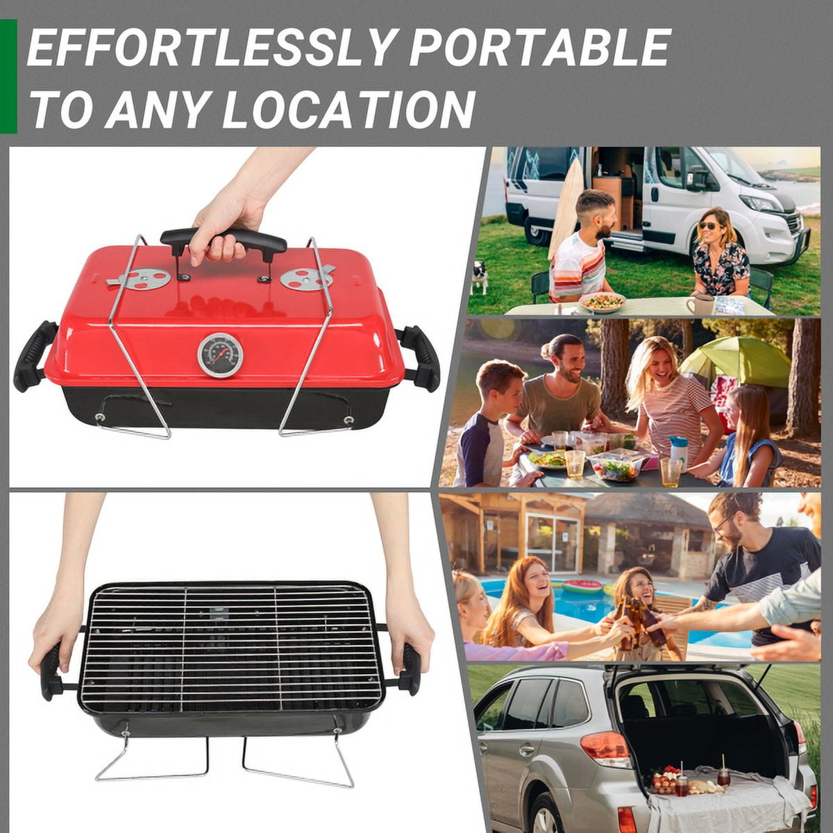 Alvantor Portable Charcoal Grill, Tabletop BBQ Smoker with Thermometer and Air Dampers (Red, 14 in) 40so6
