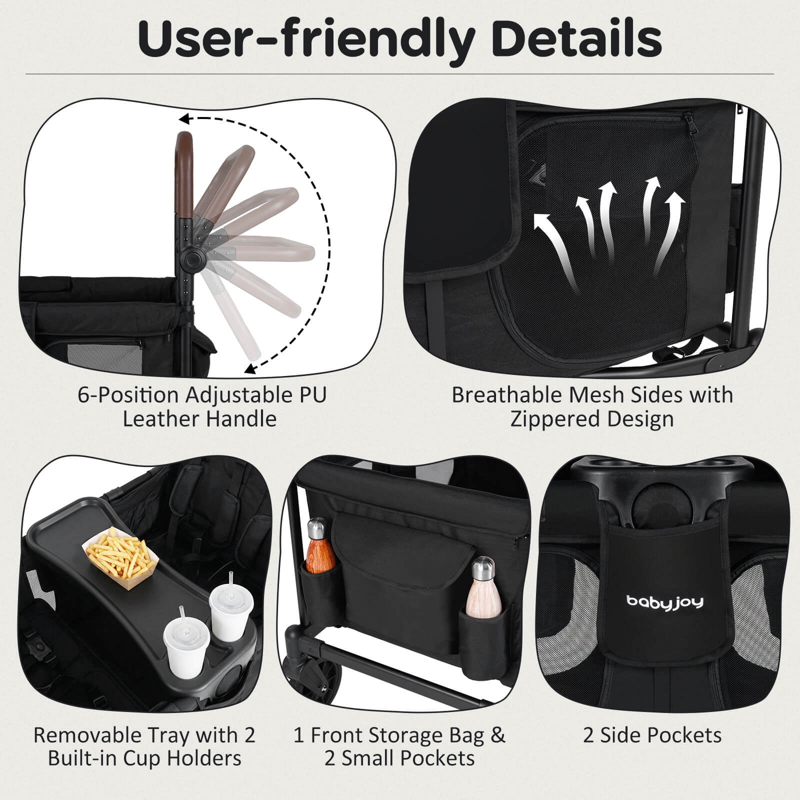 Costway 4-Seater Wagon Stroller, Foldable Push-Pull Toddler Stroller with Removable Canopy (Black, 4-Seater) 0d9fk