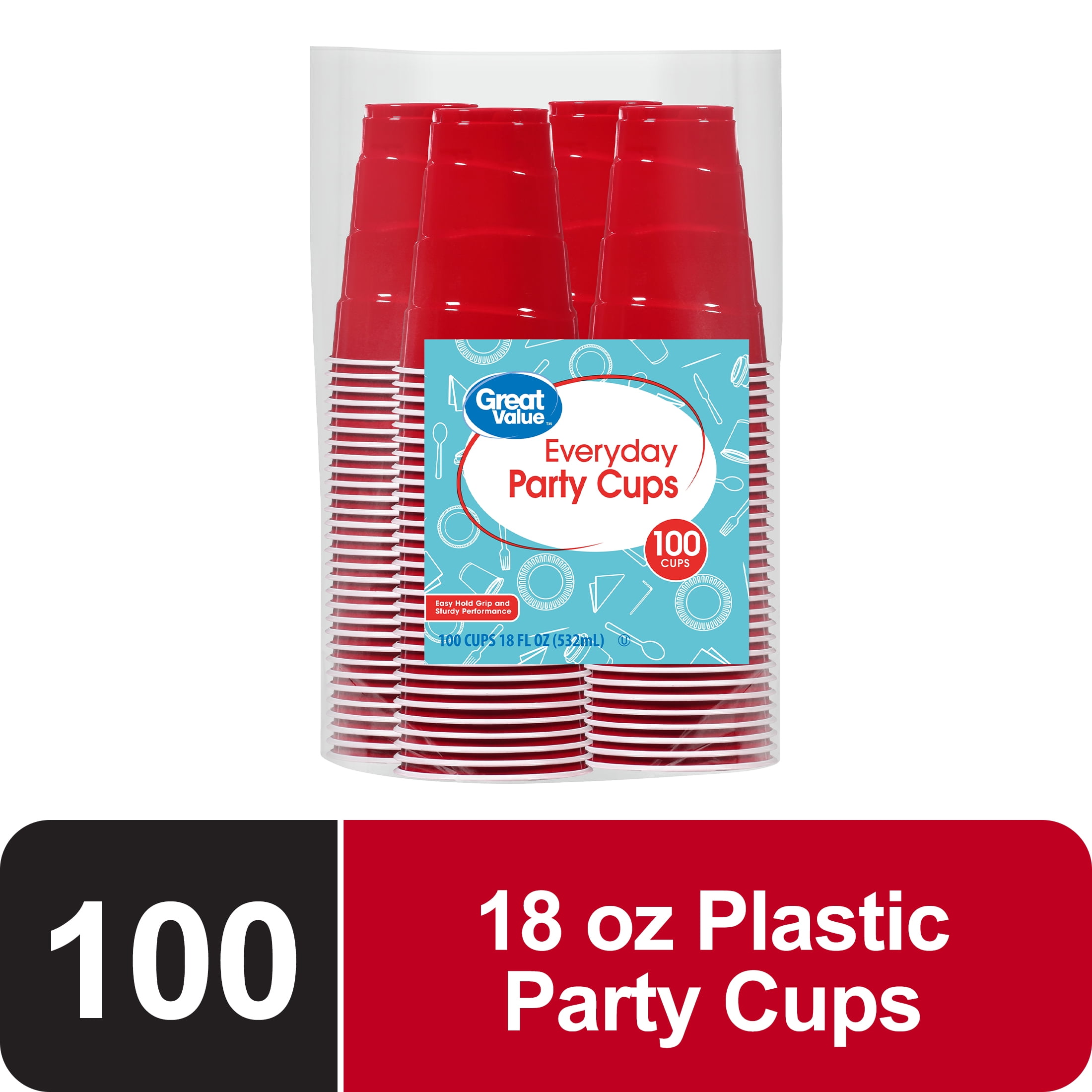 Great Value Disposable Plastic Party Cups, Durable Ridged Grip Design (Red, 18 oz, 100 Count) 125vr