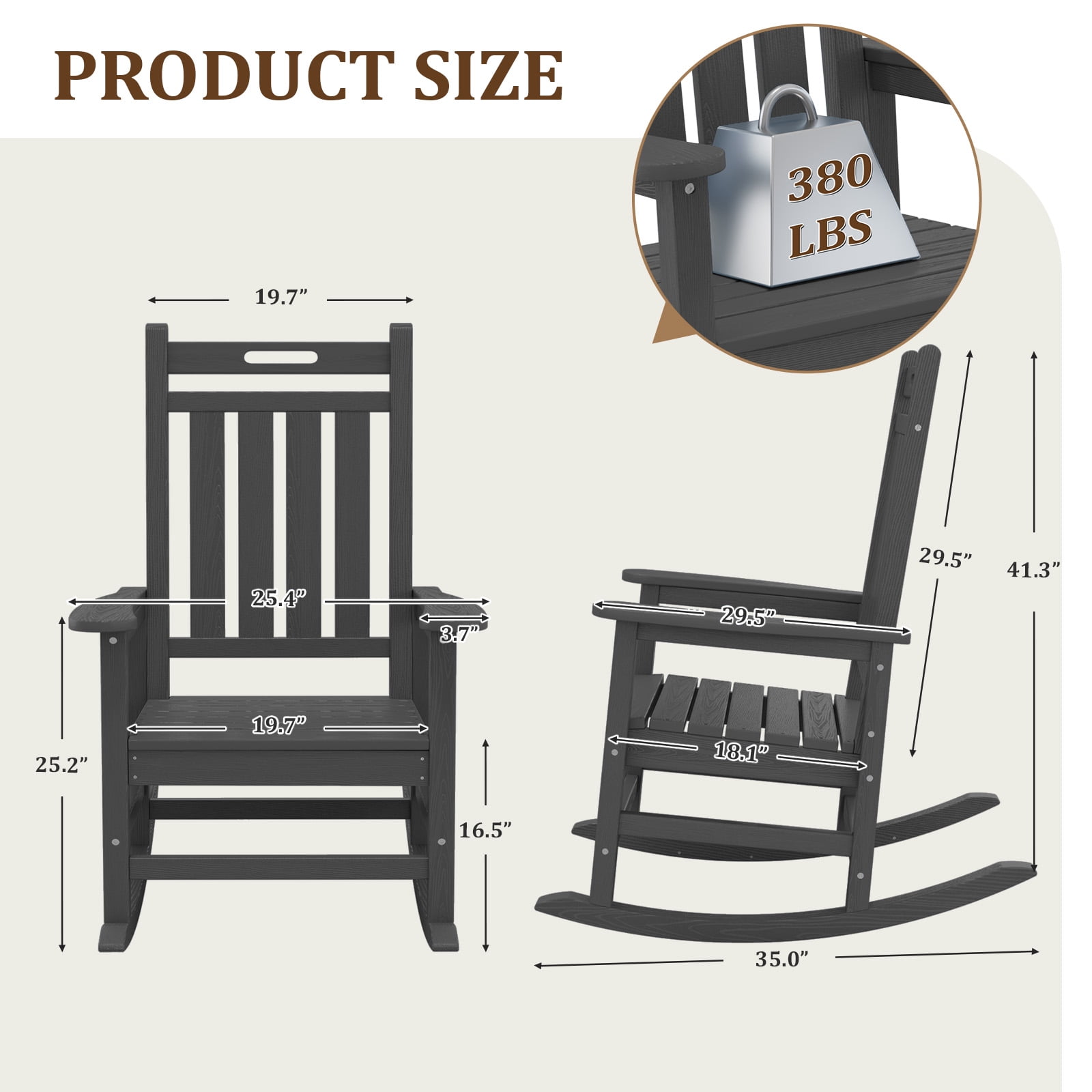 Loyalice HDPE Outdoor Rocking Chair, All-Weather High Back Patio Rocker with Wood-Grain Texture (Gray) 1kiwq