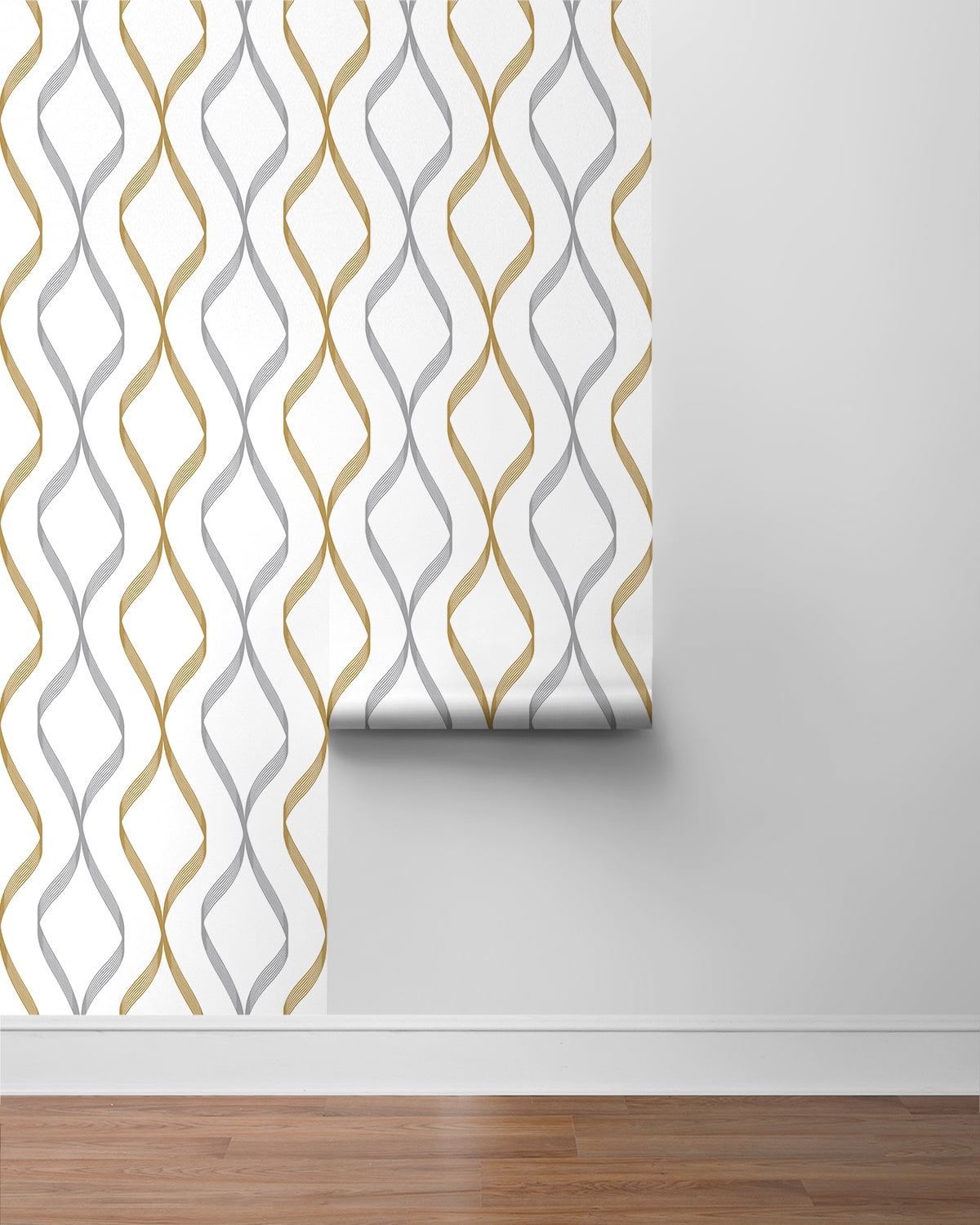 NextWall Ogee Ribbon Peel and Stick Wallpaper (Silver and Gold, 20.5 in. x 18 ft.) xie6h