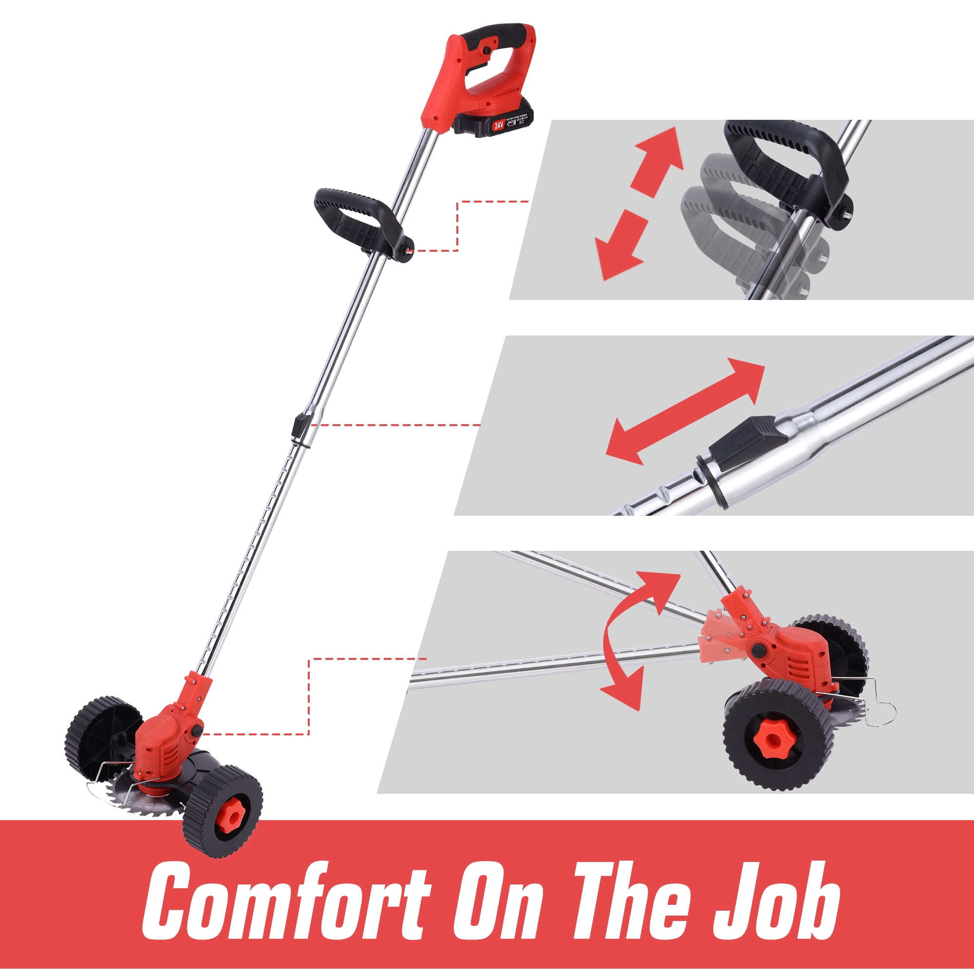 Myriann 24V Electric Cordless Grass Trimmer and Lawn Edger with Wheels and Dual Batteries (Red) r1iuc