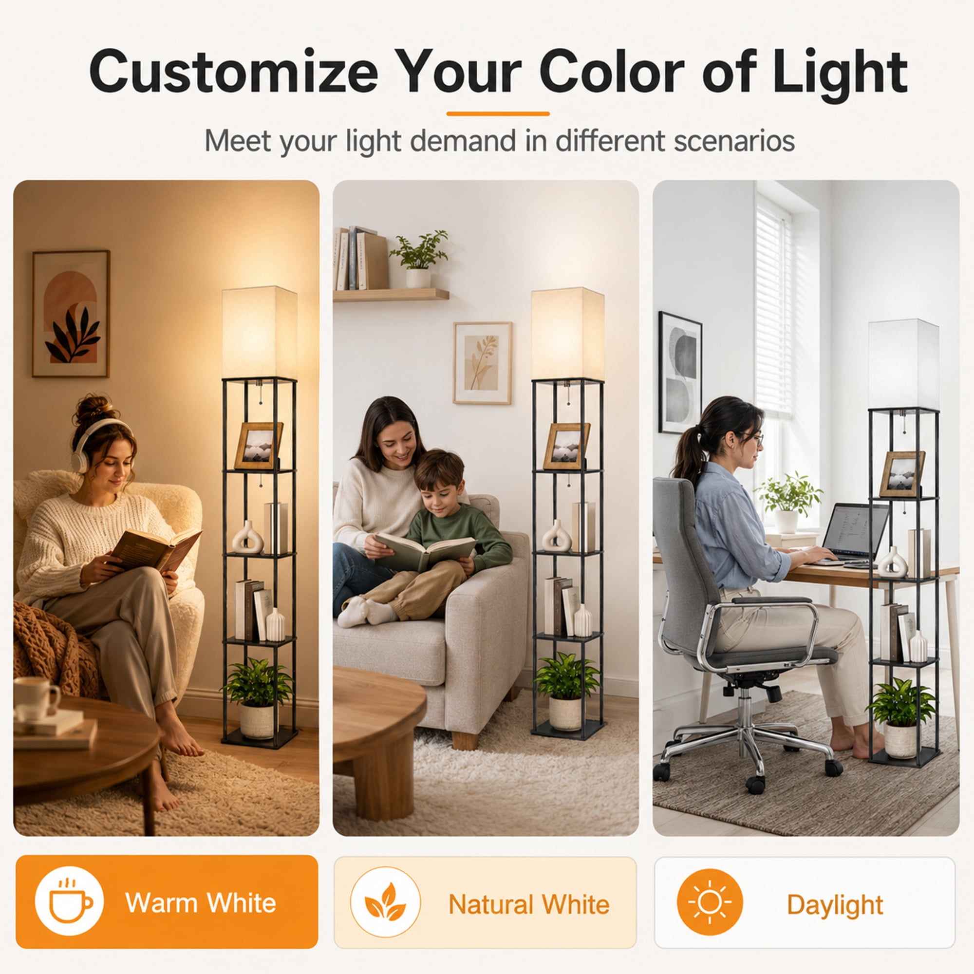 DAYBETTER 4-Tier Floor Lamp with Shelves, Modern Corner Bookshelf Lamp with 3-Color Temperature LED Bulb (Black, 69 in) zbfyx