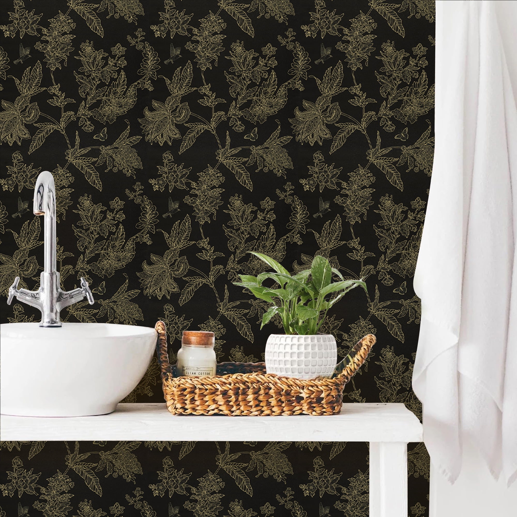 Abyssaly Floral Peel and Stick Wallpaper, Self-Adhesive Vinyl Wall Covering for Bedroom (Black, 17.5-in x 118-in) hxopv