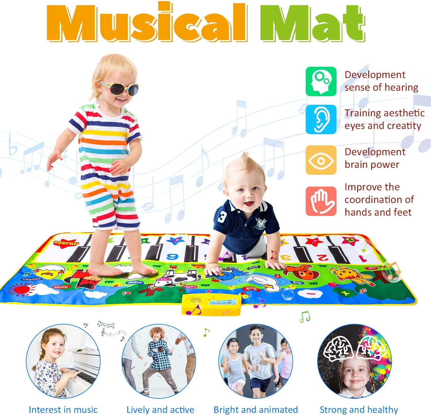 Rirool Interactive Music Piano Mat for Kids, Educational Dance Floor Toy with 8 Animal Sounds (53 in x 23 in) i7qr0