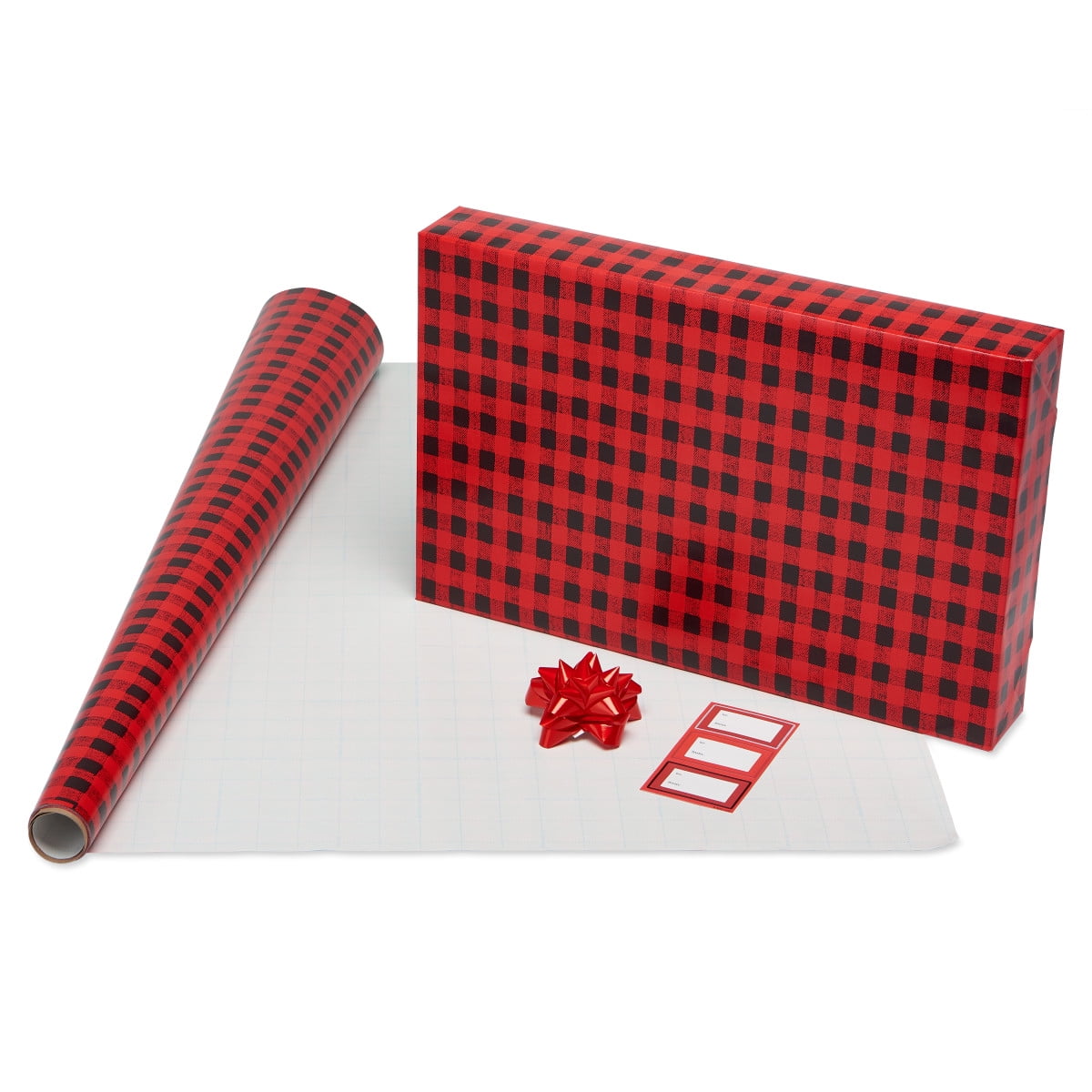 American Greetings Christmas Wrapping Paper Set with Gridlines, Bows, and Gift Tags (Red, 4 Rolls, 48 ft Total) w7bsr