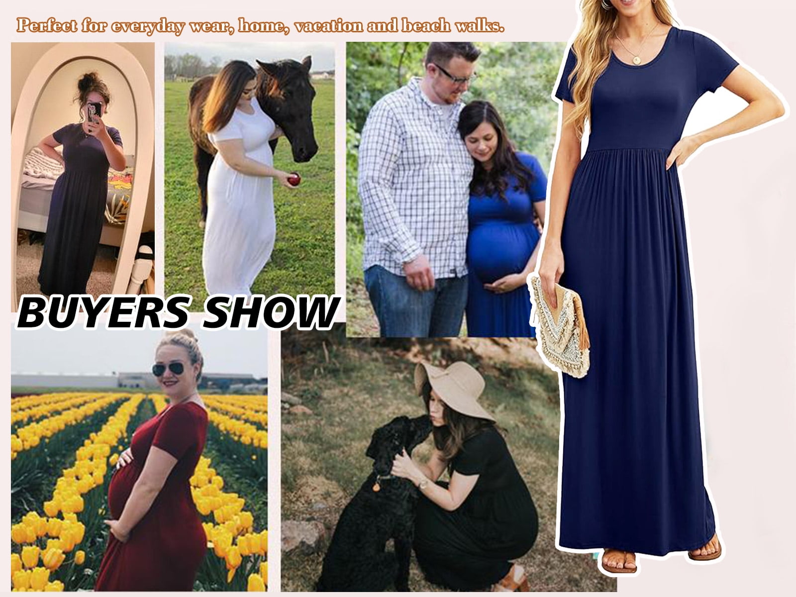 Mengpipi Women's Short Sleeve Maxi Dress Casual Loose Fit with Pockets (Navy Blue, M) 9y28z