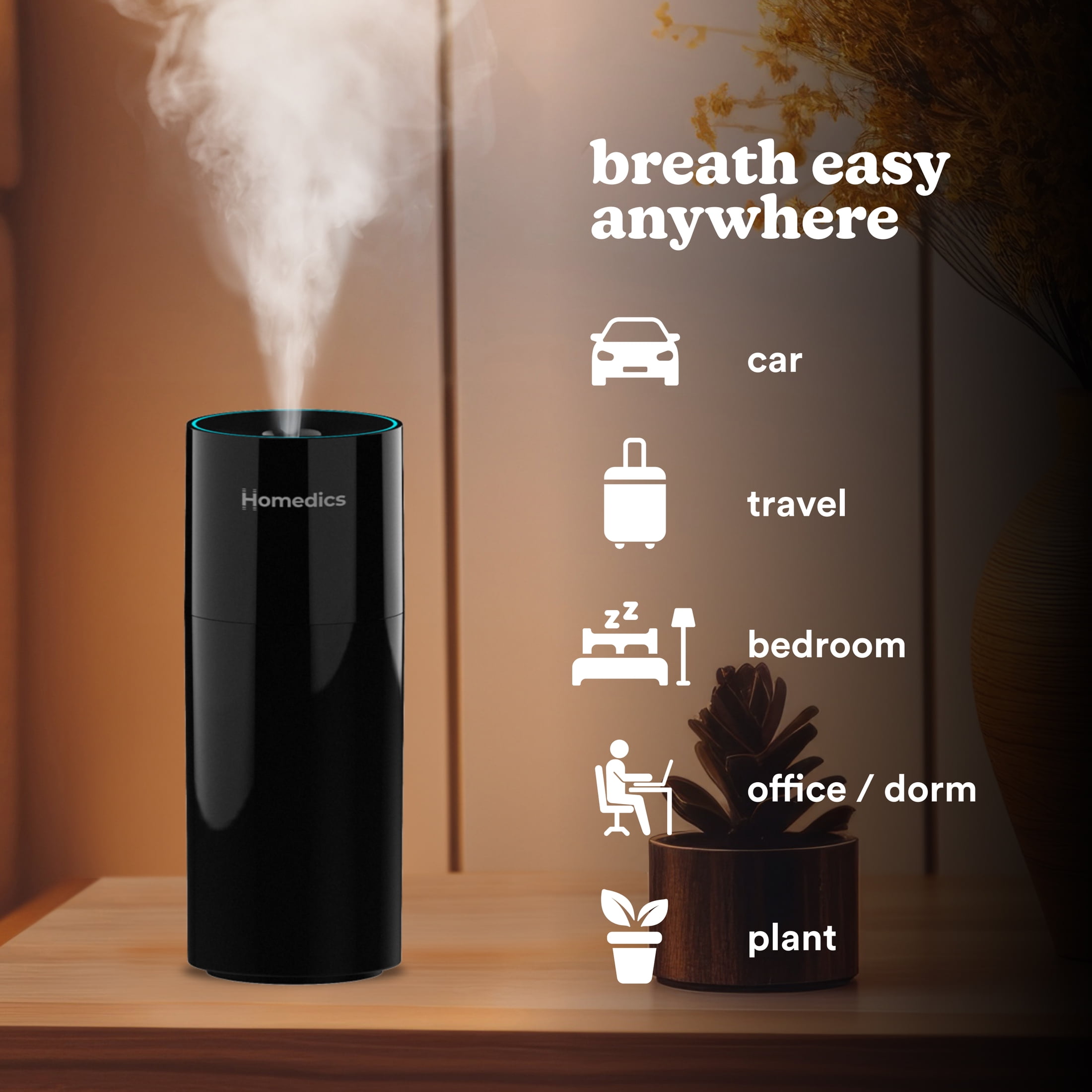 Homedics Portable Ultrasonic Humidifier, Cool Mist Desktop Air Moisturizer with Nightlight (Black, 7.7 fl oz) ju8jz
