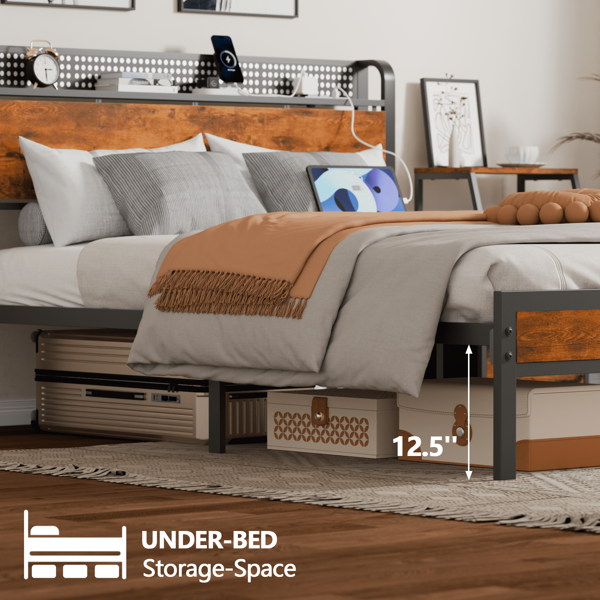 Satifur LED Platform Bed Frame with Storage Headboard and Charging Station (Rustic Brown, Queen) yyjtq - Image 5
