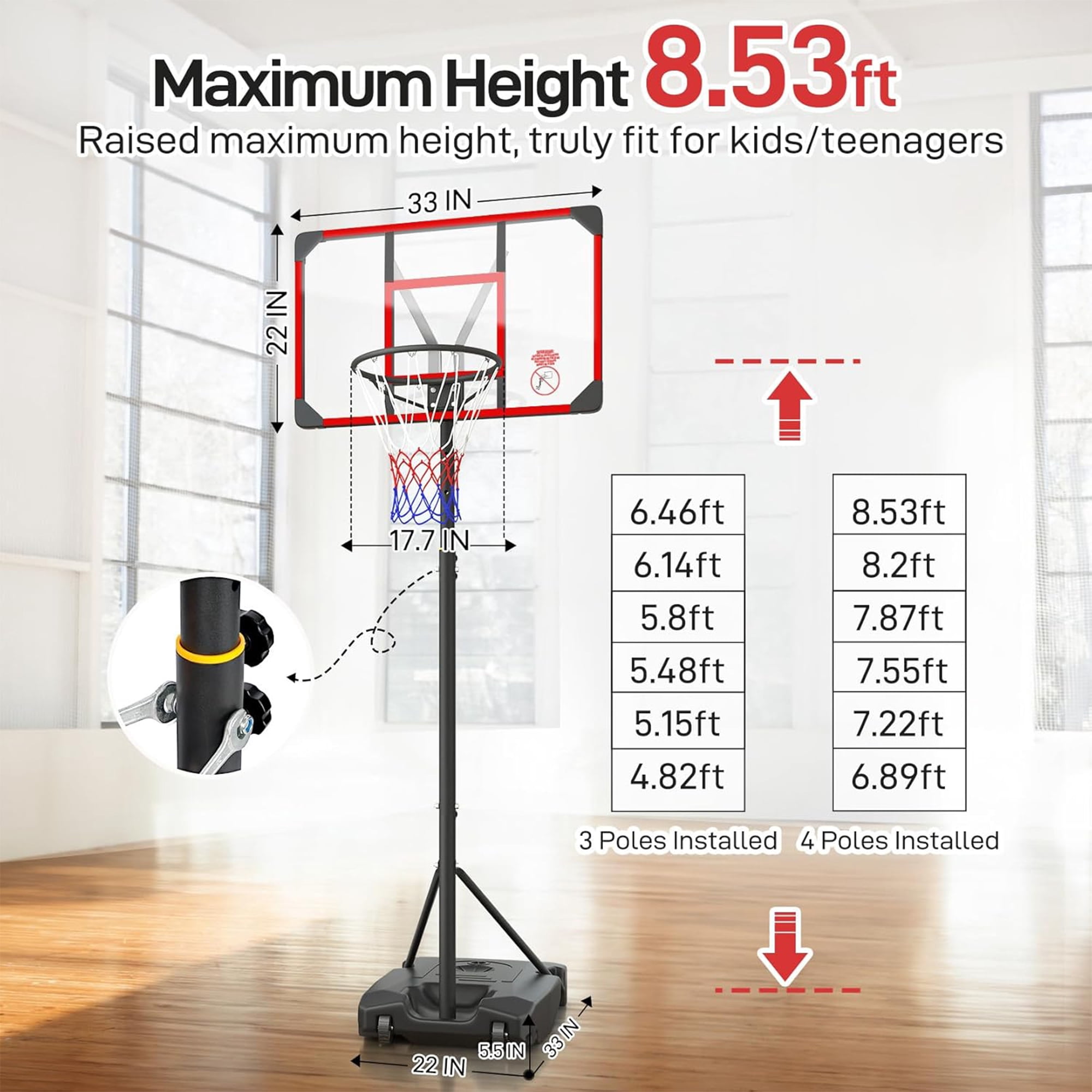 Toremore Portable Basketball Hoop System (Red, 33 in Backboard) Adjustable Height Outdoor Goal for Kids and Youth j0xoe