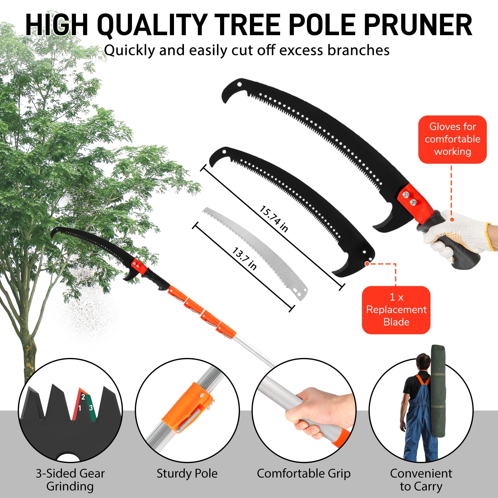 Zimtown Extendable Pole Saw for Tree Trimming (Orange, 24 ft) x57ax