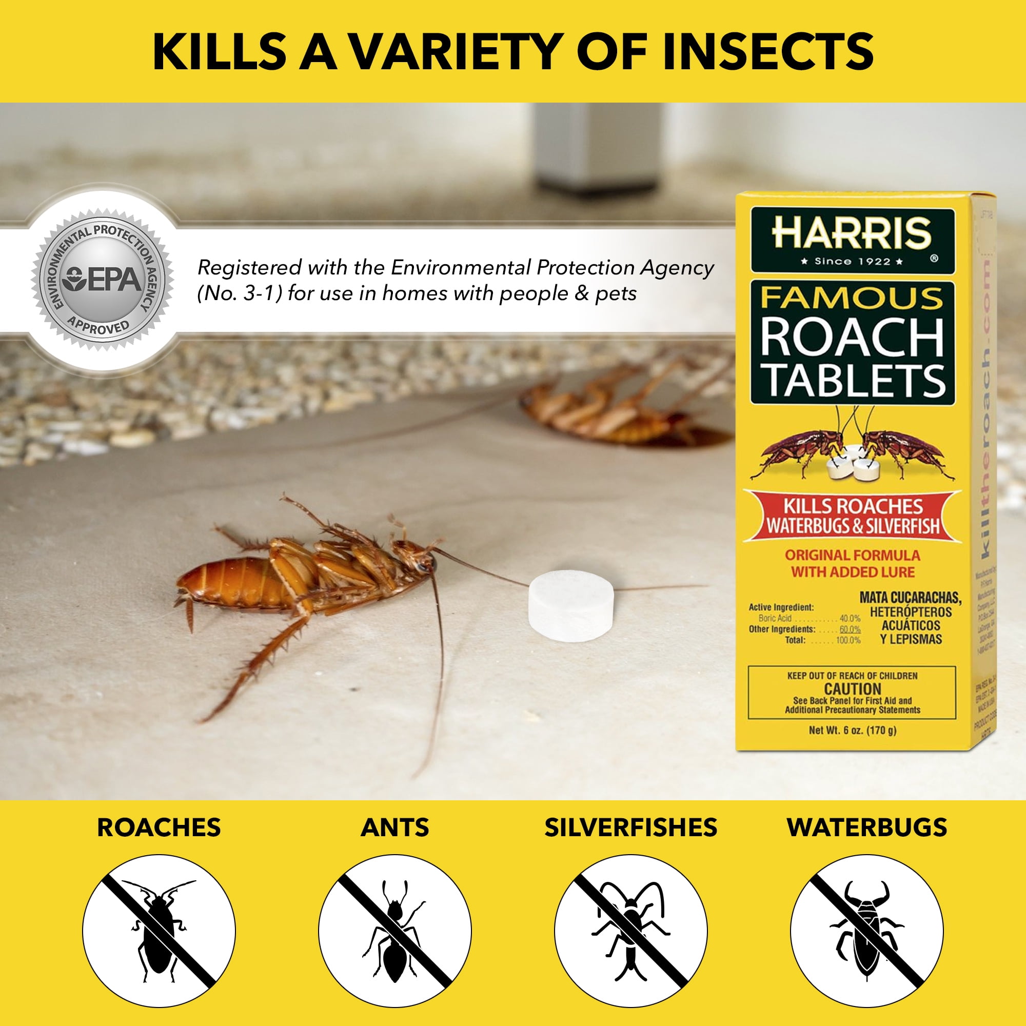 Harris Roach & Silverfish Killer Tablets, Long-Lasting Pest Control Treatment (6 oz) y4r2c