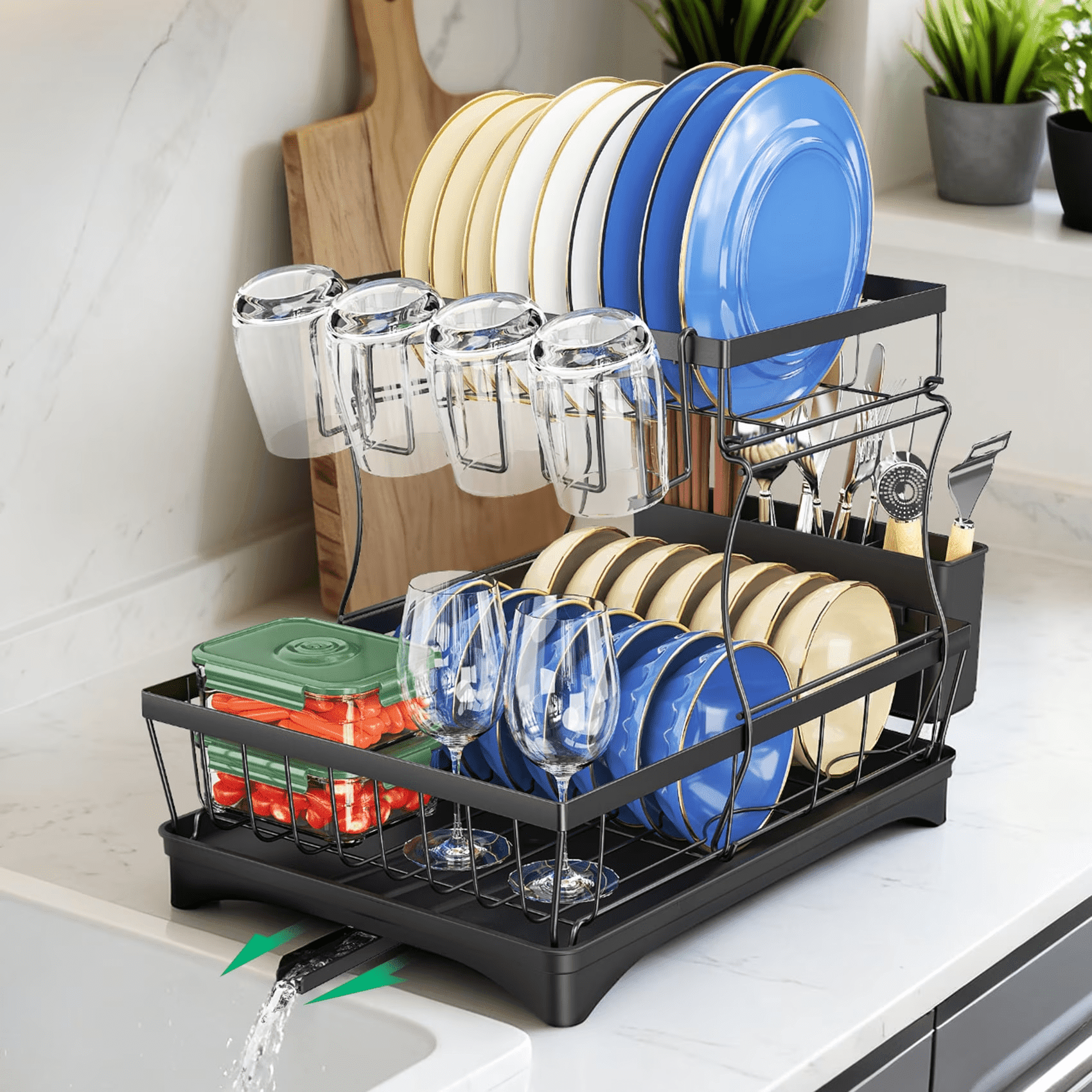 Glovv 2-Tier Dish Drying Rack, Heavy-Duty Kitchen Counter Organizer with Auto Drainage System (Black, 15.75 in x 11 in x 12.4 in) 7vwg1
