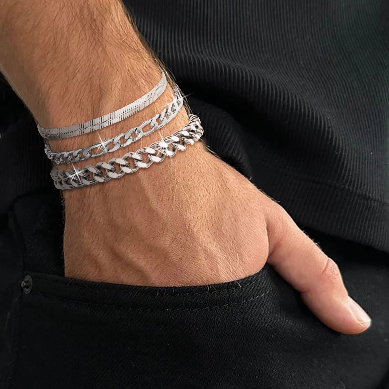 APSVO 3-Piece Sterling Silver Plated Chain Bracelet Set (Cuban, Figaro, Herringbone, Silver, 7 in) lrjaz