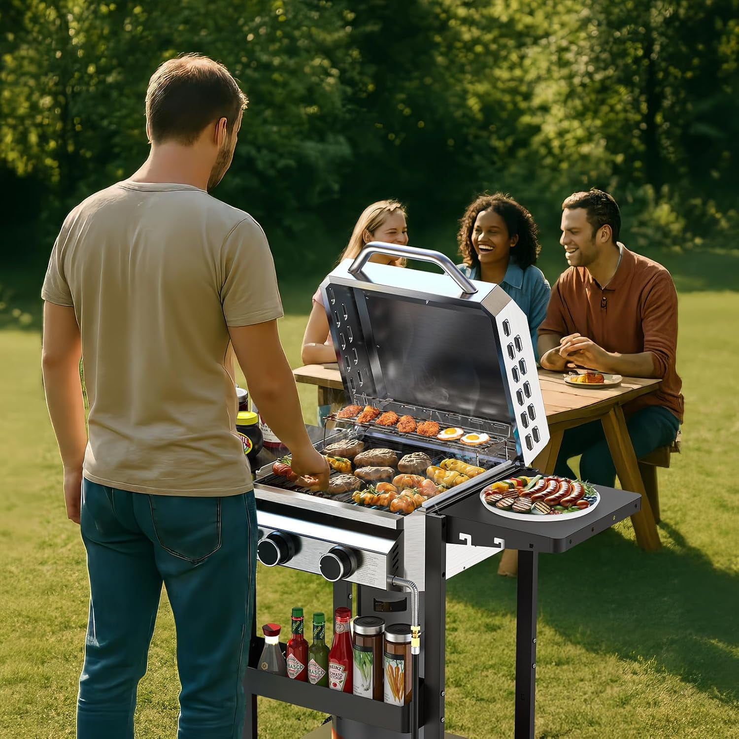 FREE VILLAGE 2-Burner Propane Gas Grill, Stainless Steel Outdoor BBQ with Side Shelves and Wheels (Silver, 257 sq in) p6os3