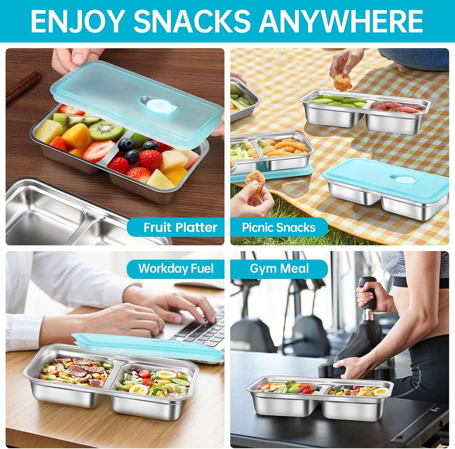 Taimasi Stainless Steel Snack Containers Set with Lids and Lunch Bag (Blue, 9 Piece Set) v8rl5