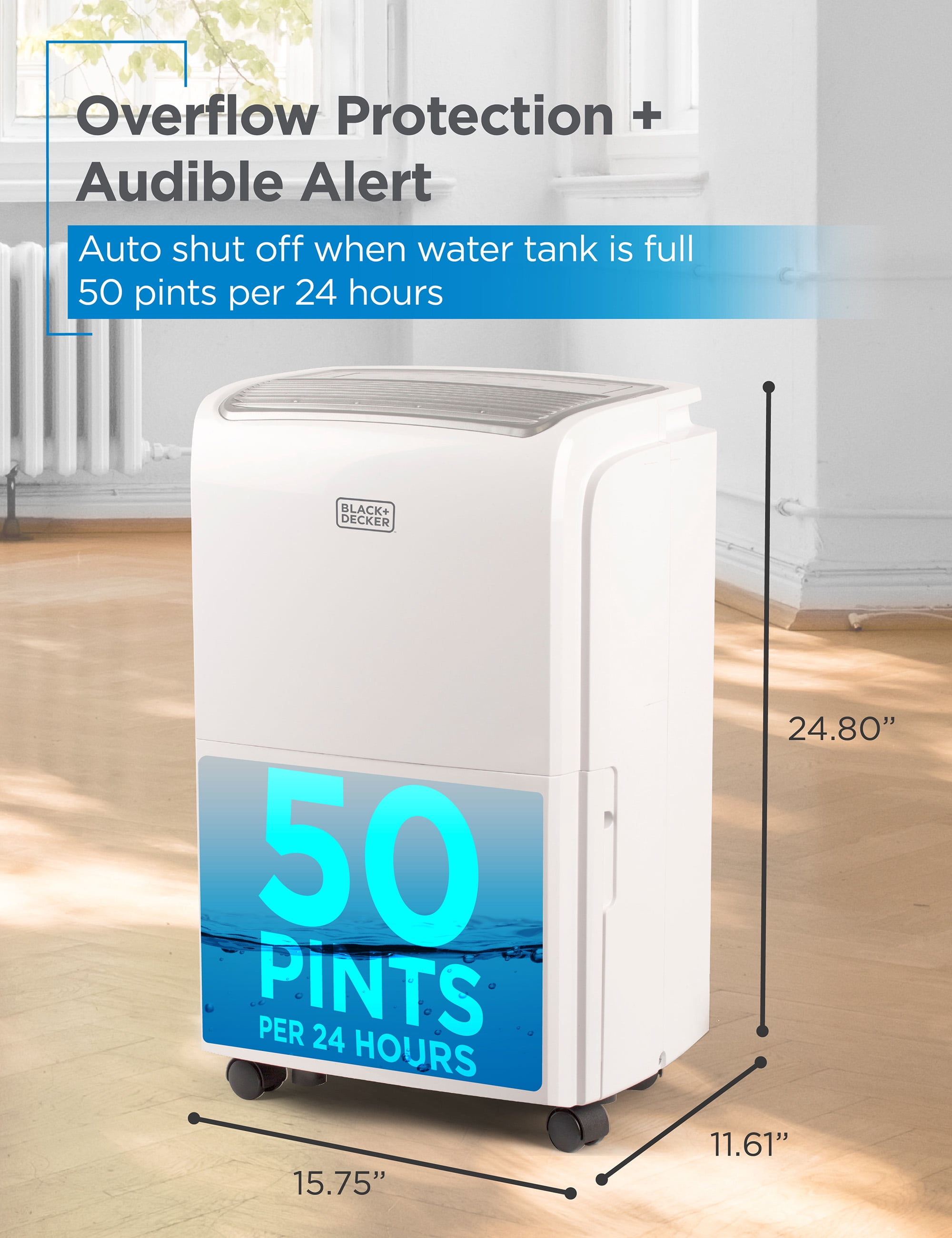 BLACK+DECKER 50 Pint Whole House Dehumidifier with Built-in Pump for 4500 Sq Ft Spaces (White) e4j3j