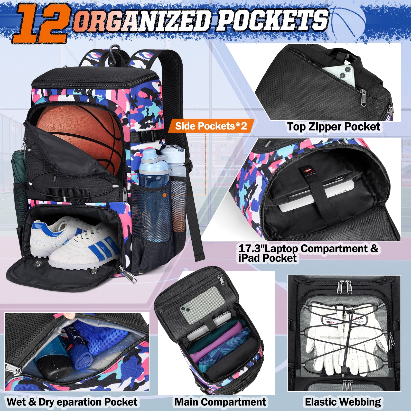 Rainsmore Basketball Backpack with Separate Ball Holder and Shoe Compartment (Pink, 14.2 in x 9.8 in x 20.9 in) 247oo