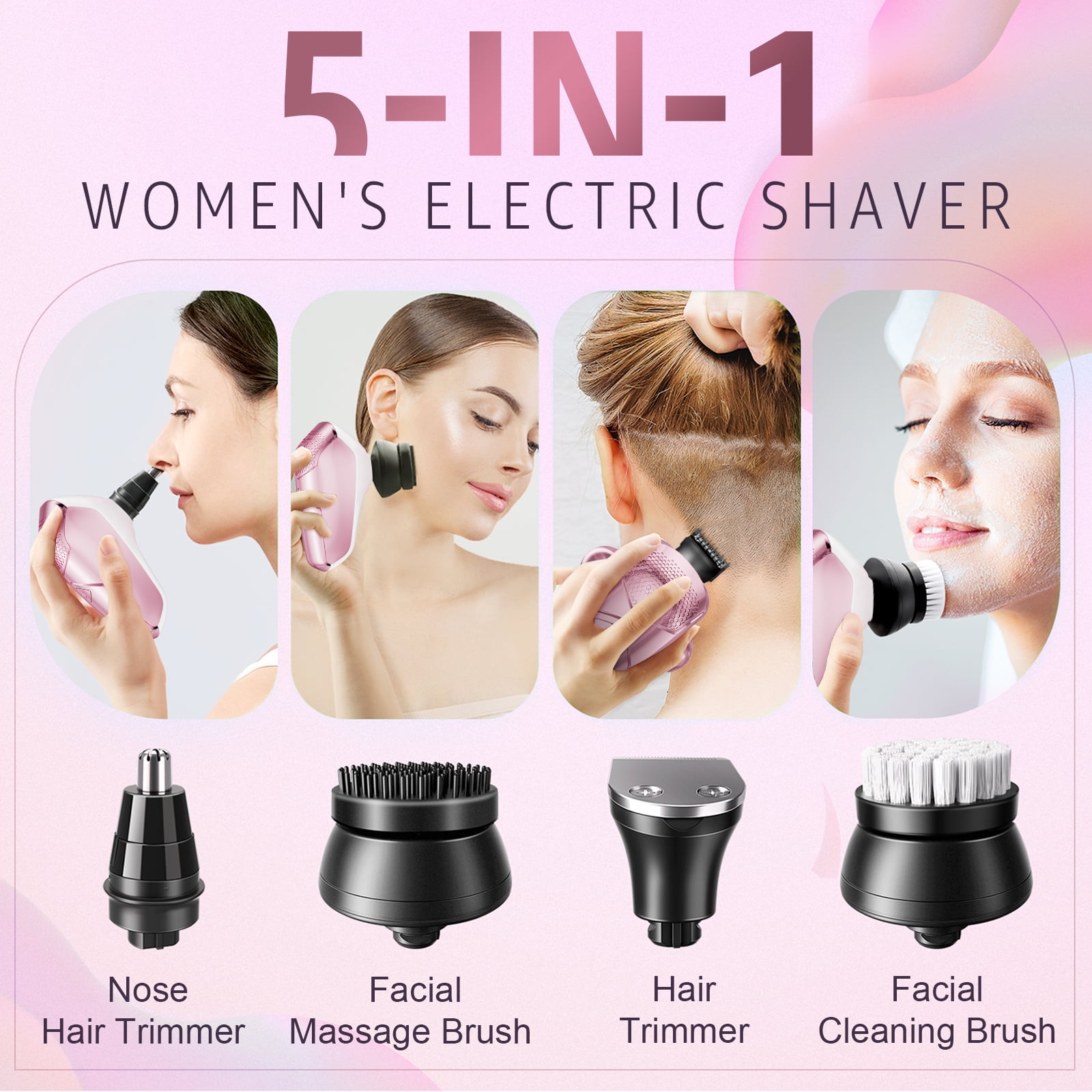 Skdwakiz 5-in-1 Electric Shaver for Women, Cordless 7D Rotary Razor for Legs and Bikini (Pink) sa9nm