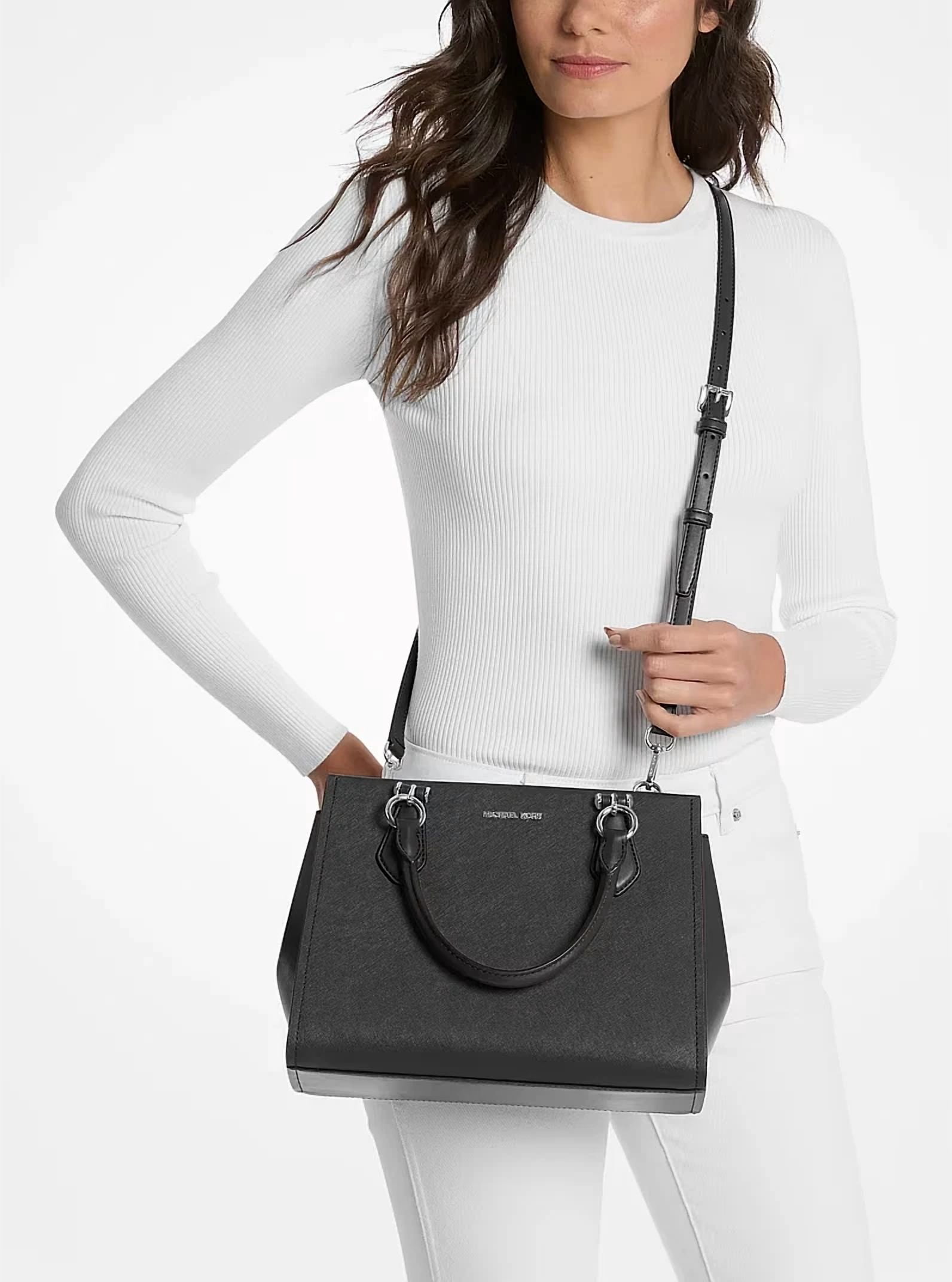 Michael Kors Marilyn Medium Saffiano Leather Convertible Satchel Bag (Black, 11 in x 9 in x 5 in) pebjx