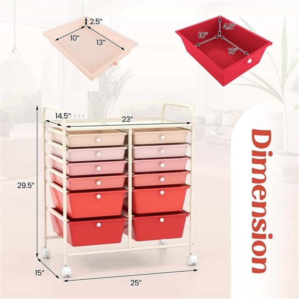 Pemberly Row 12-Drawer Rolling Storage Cart with Swivel Casters (Pink, 25 in x 15 in x 29.5 in) pk3sc