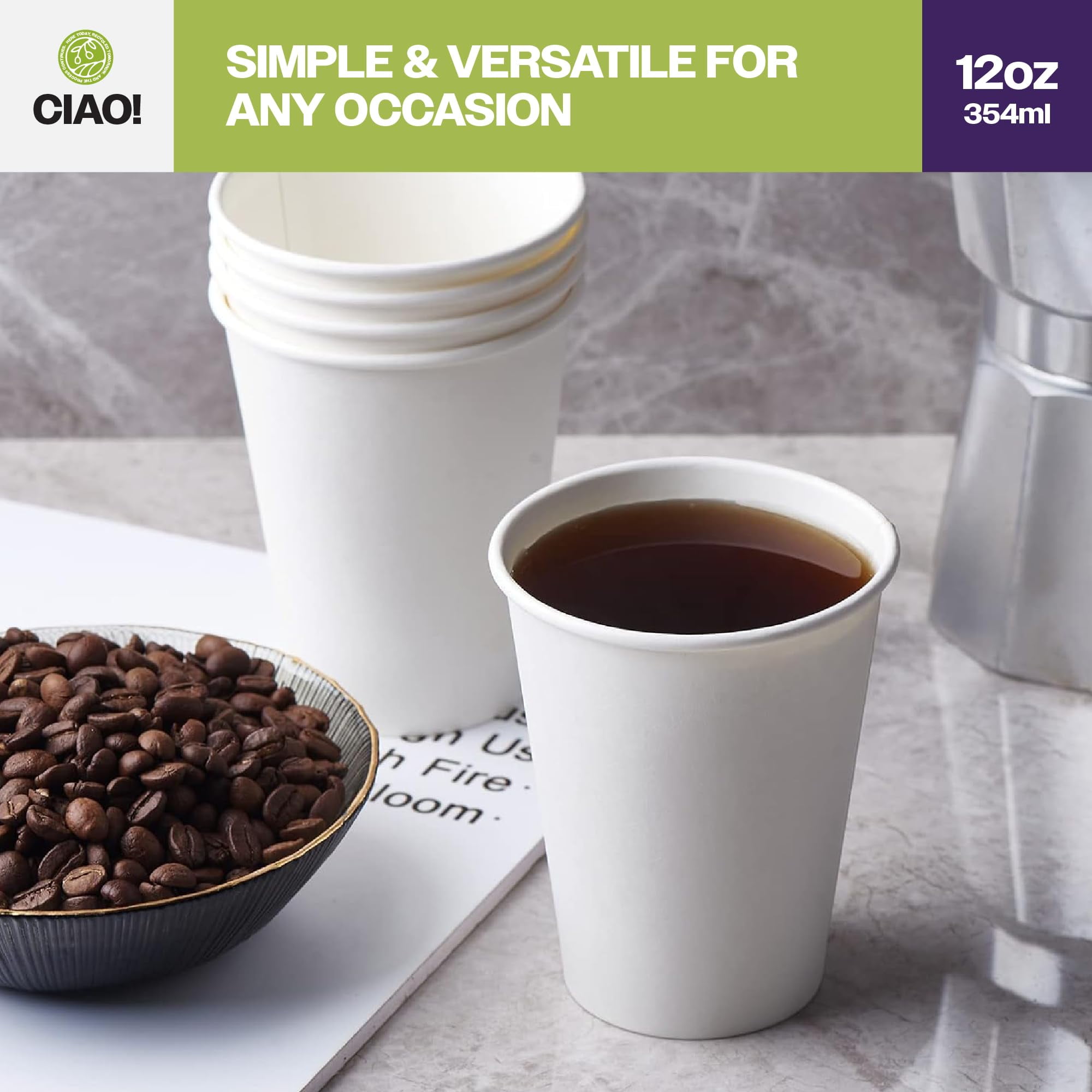CIAO! Disposable Paper Hot Cups, Insulated Coffee and Tea Cups (White, 12 fl oz, 1000 Count) 4i4wq