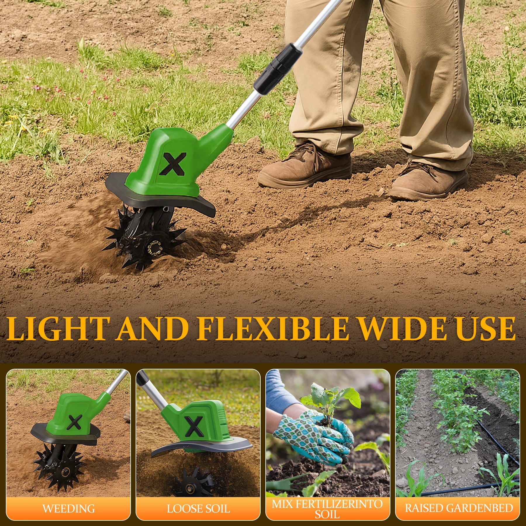 HUSGW 21V Cordless Electric Garden Tiller Cultivator (9 in Tilling Width, 2 Batteries) 85036