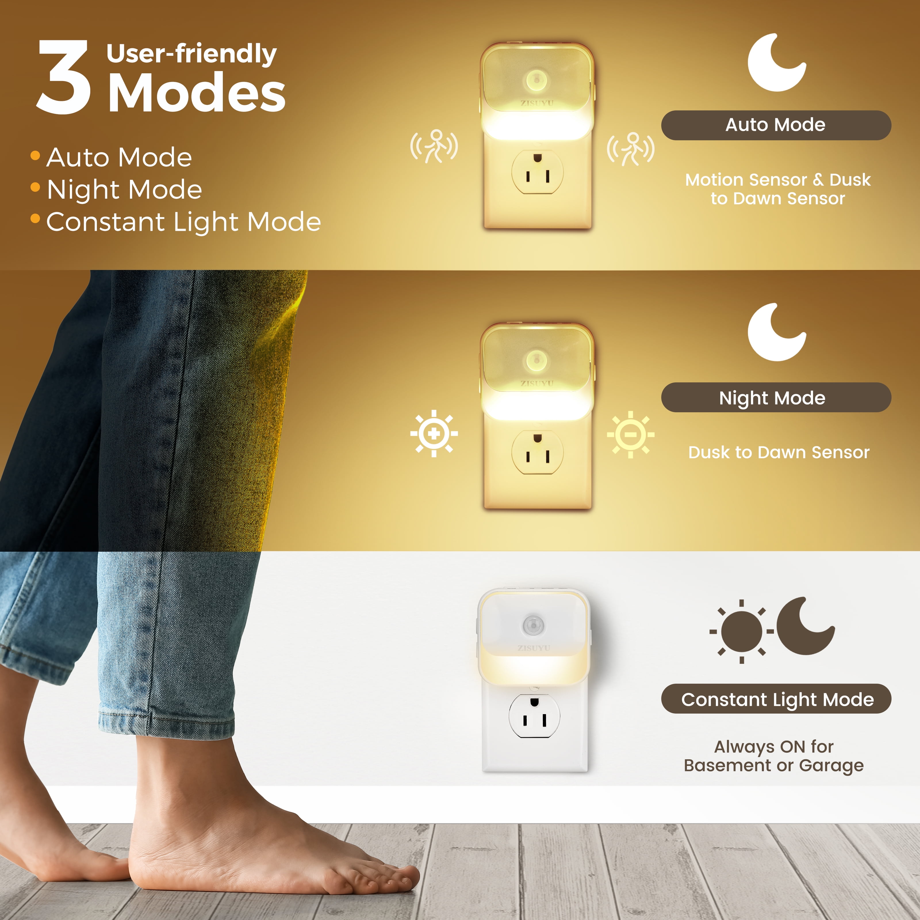 ZISUYU Dimmable Motion Sensor LED Night Light with 3 Lighting Modes (White, 2-Pack) zic0j