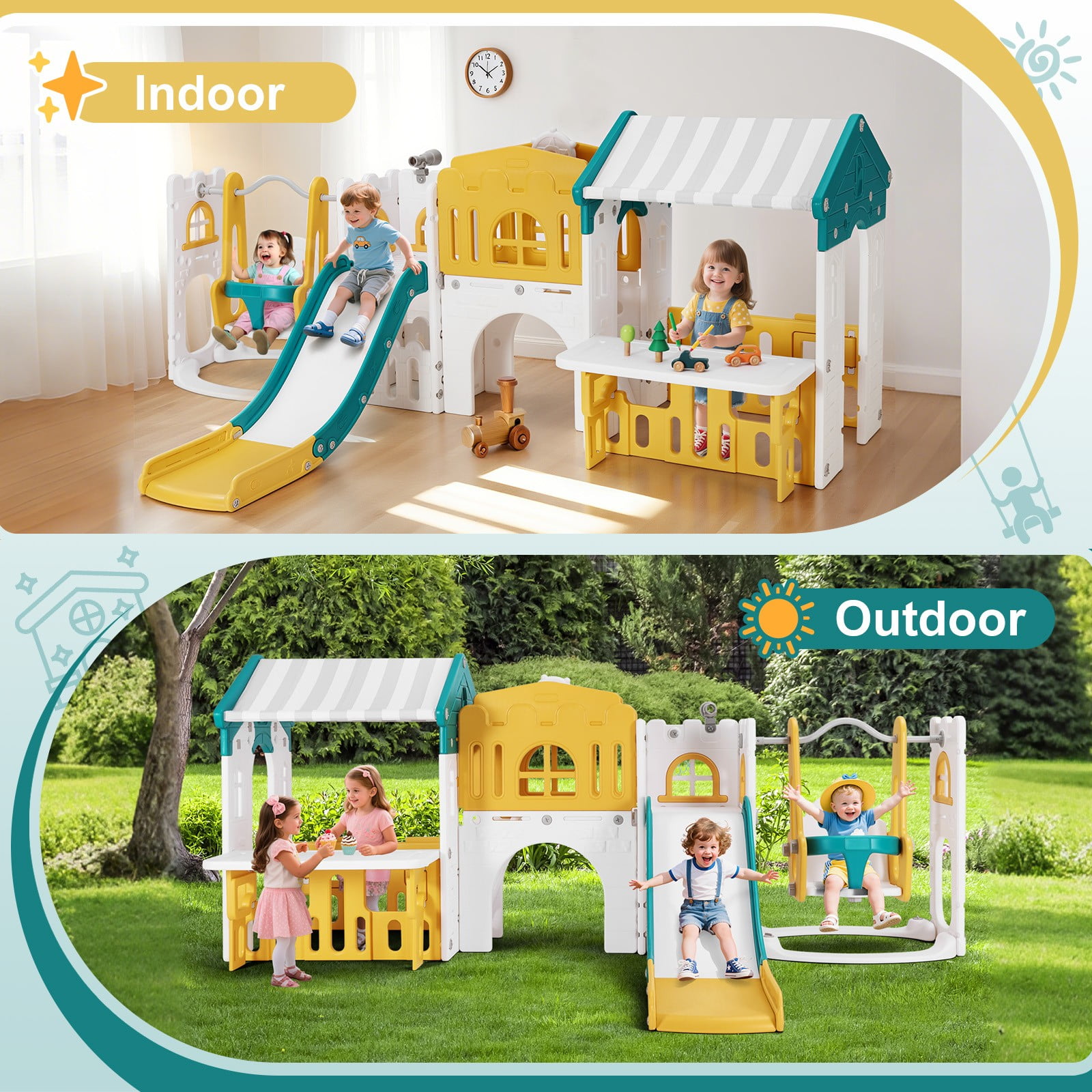Joyldias 10-in-1 Toddler Slide and Swing Playset with Playhouse and Basketball Hoop (Green, Yellow, White) aeisf