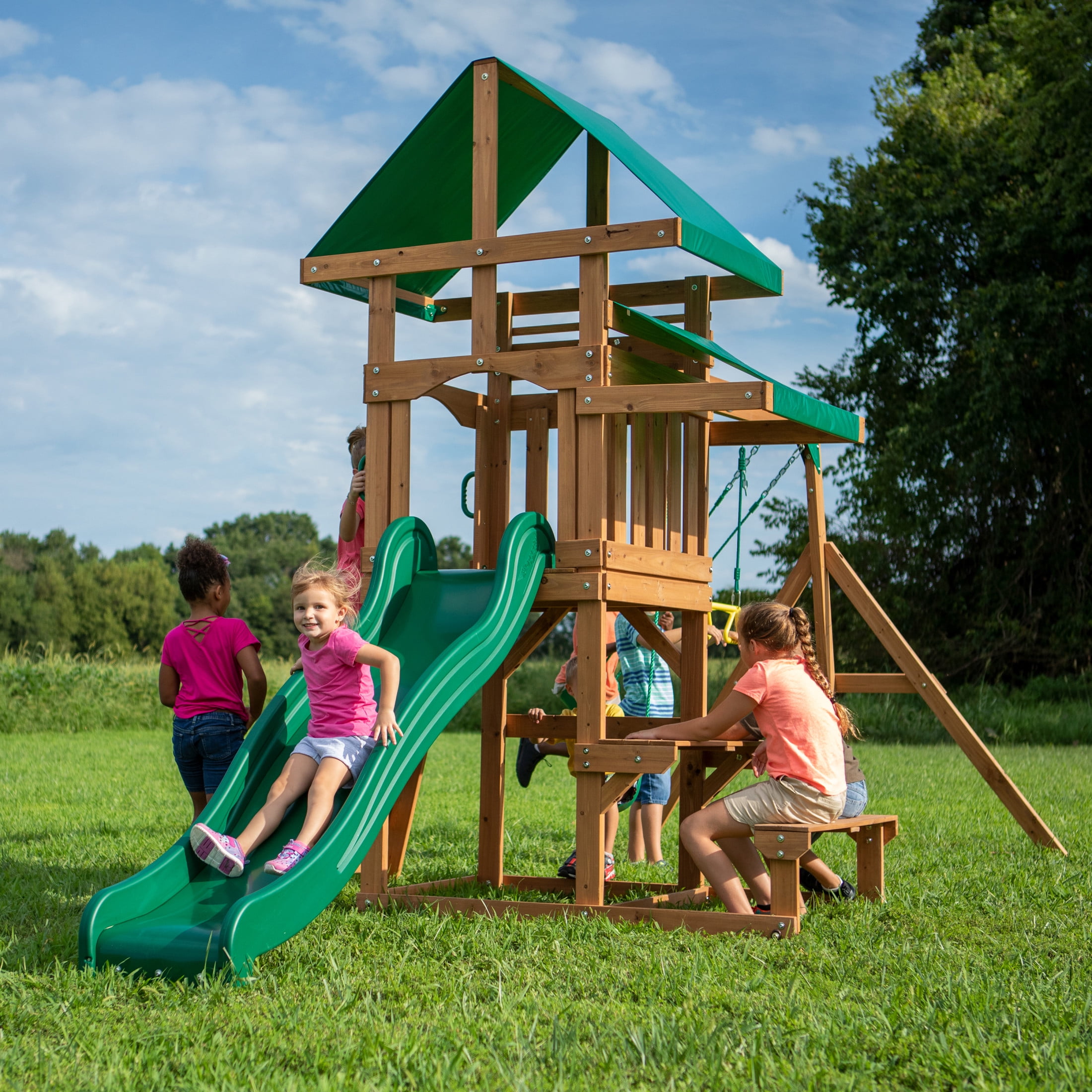 Backyard Discovery Belmont Cedar Wood Swing Set with Slide, Play Deck, and Rock Wall Ladder (White Canopy, 1 Unit) dtlr1