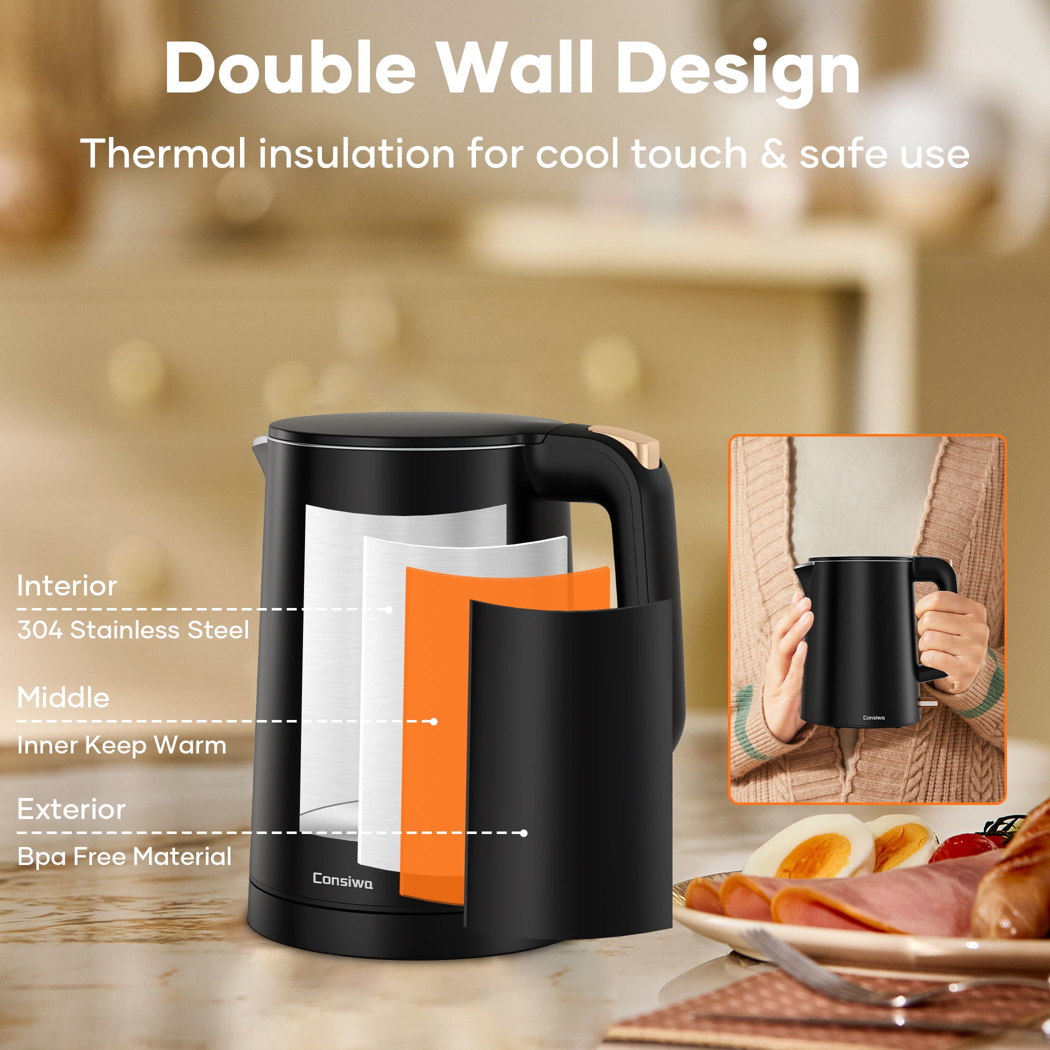 Consiwa Electric Kettle, Double Wall Stainless Steel Water Boiler, Quick Boil Mini Tea Pot with Auto Shut Off (Black, 27 fl oz) vw2d3