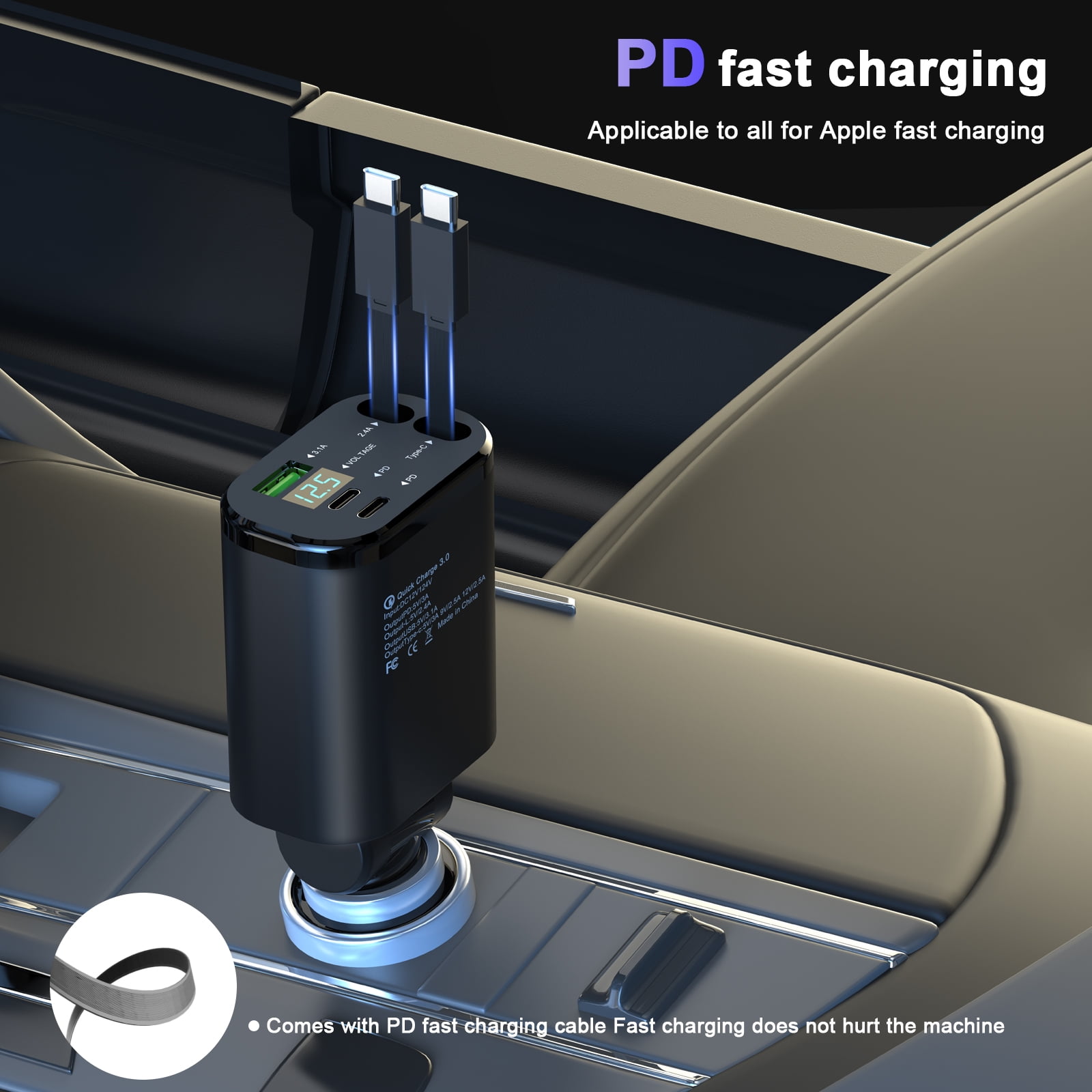 JcBlaon 66W Retractable Car Charger 4-in-1 Fast Charging Adapter with Voltage Monitor (Black, 5.5 x 2 x 1.29 in) sbwpr