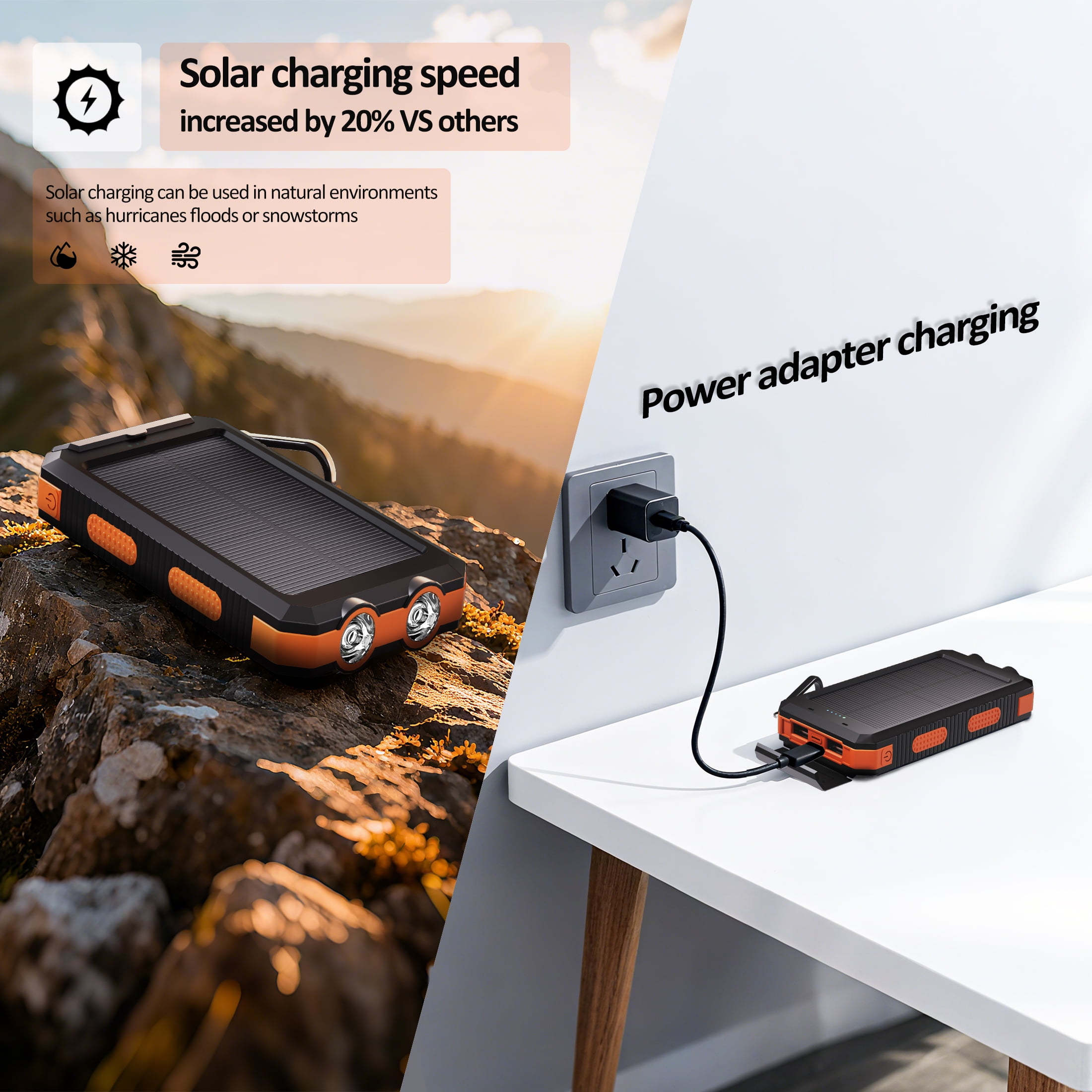 SOLPOWBEN 20000mAh Portable Solar Power Bank with Dual USB Ports, LED Flashlight, and Compass (Orange, 20000mAh) xiozo