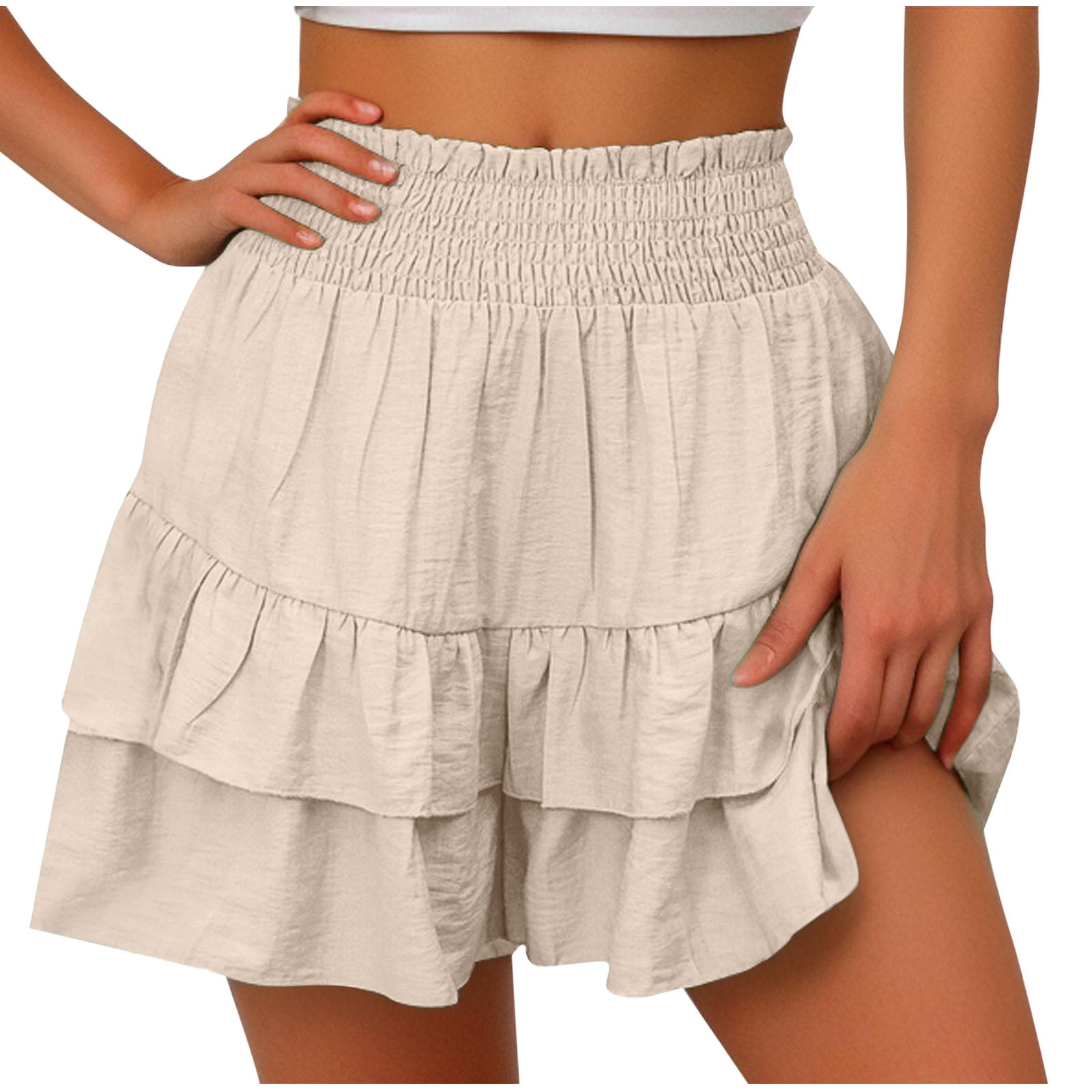 Karight Women's Flowy Ruffle Tiered Skorts High Waist Boho Athletic Shorts (Beige, Small) qnjcn